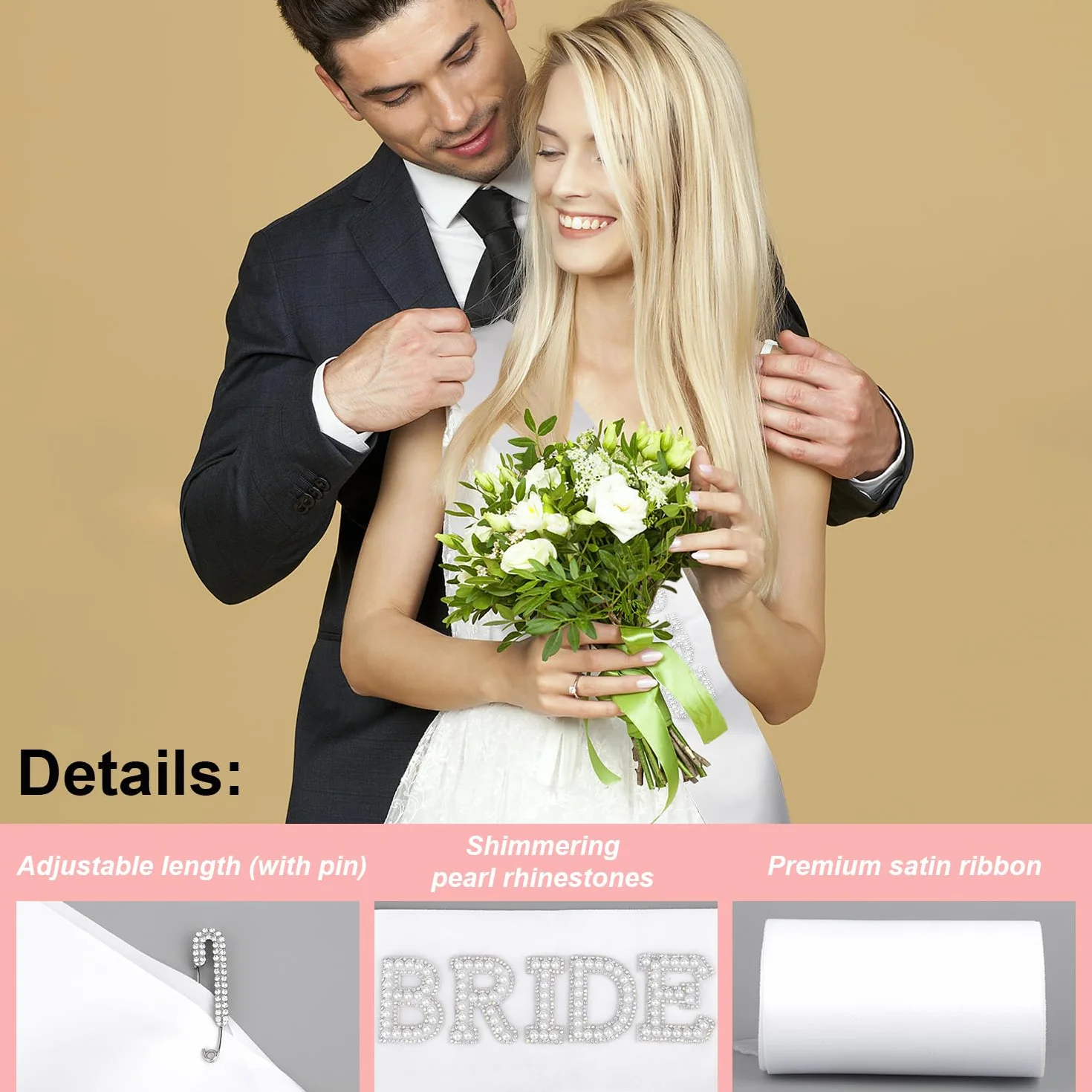 BOXOB Perłowa Bride Szarfa, Biała Kryształ Górski Bride To Be Szarfa z Diamentową Broszką Akcesoria Ślubne do Wieczoru Panieńskiego Dekoracje Przyjęcie Przyszłej Panny Młodej Prezenty Druhen