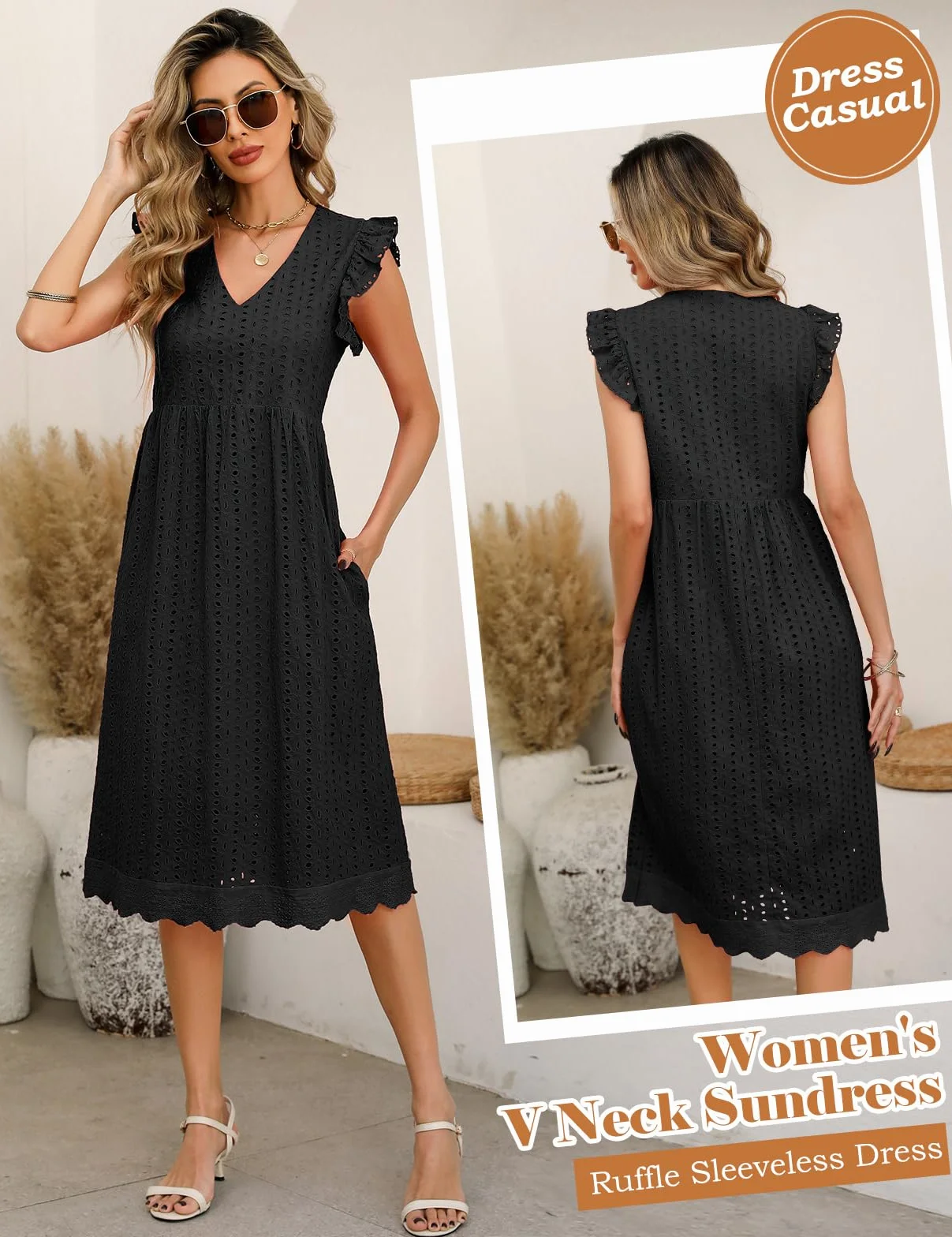 UMIPUBO Letnie sukienki damskie bawełna dekolt w serek midi sukienka bez rękawów z kieszeniami eleganckie boho sukienka plażowa na co dzień jednolite kolory letnie sukienki