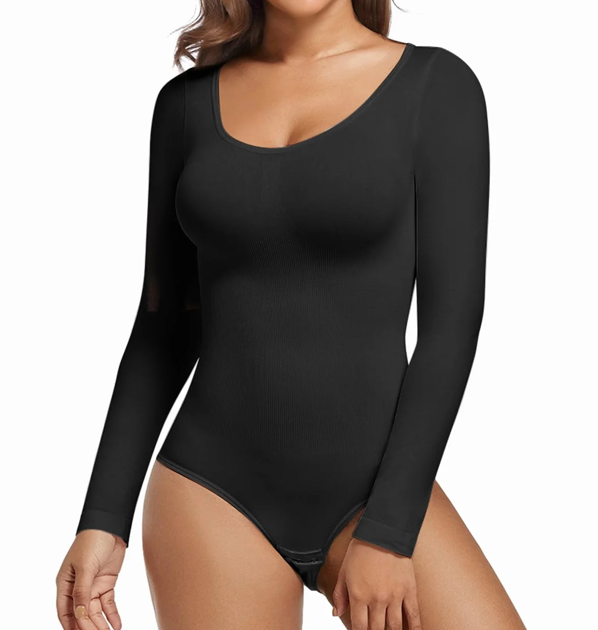 SHEKINI Body damskie z długim rękawem, okrągły dekolt, eleganckie, żeberkowe, wyszczuplające brzuch, modelujące sylwetkę