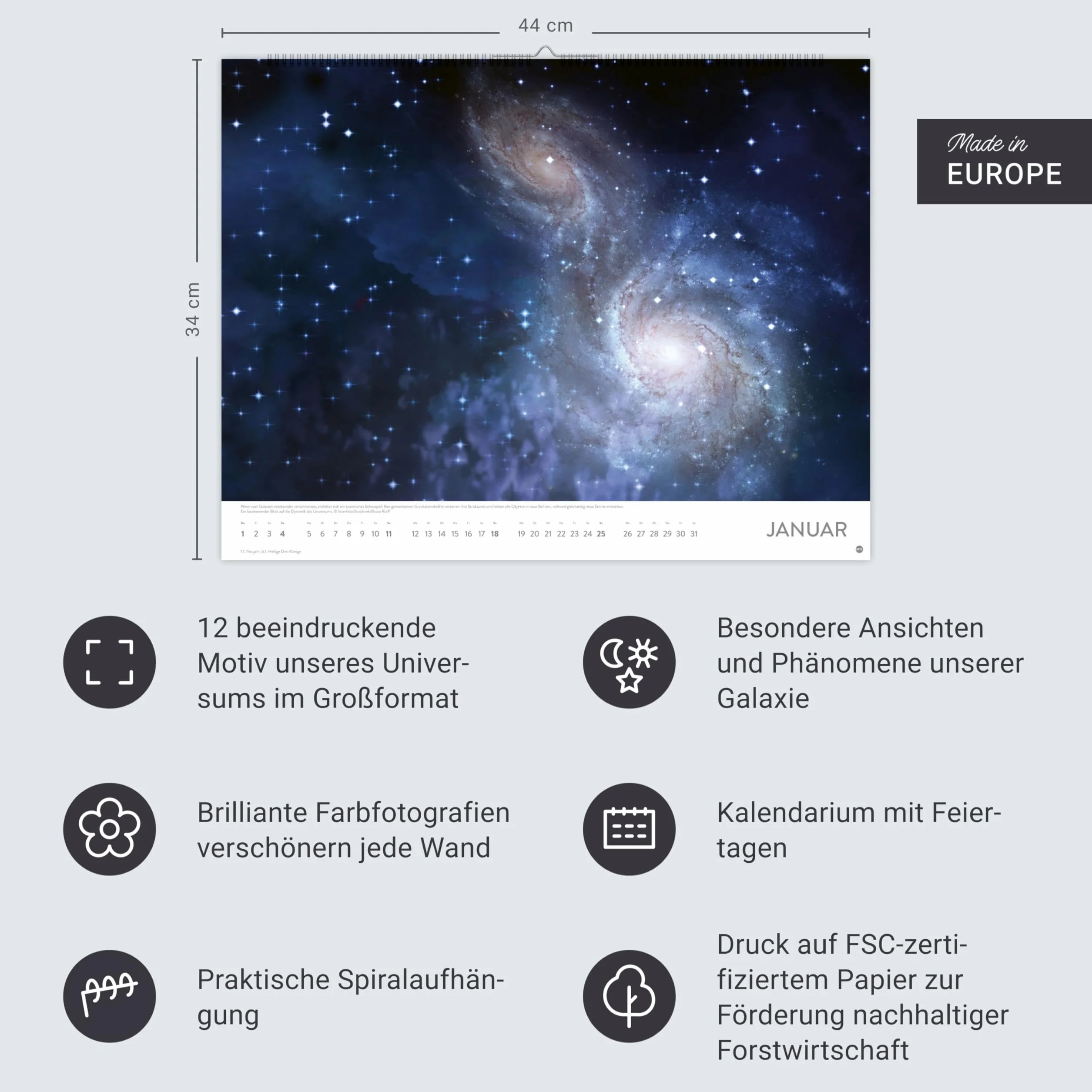 Das Universum Posterkalender 2026: Fotokalender mit Spiralgalaxien und Nachbarplaneten. Wand-Kalender 2026 Posterformat mit Fotos unter anderem vom Hubble-Weltraumteleskop.