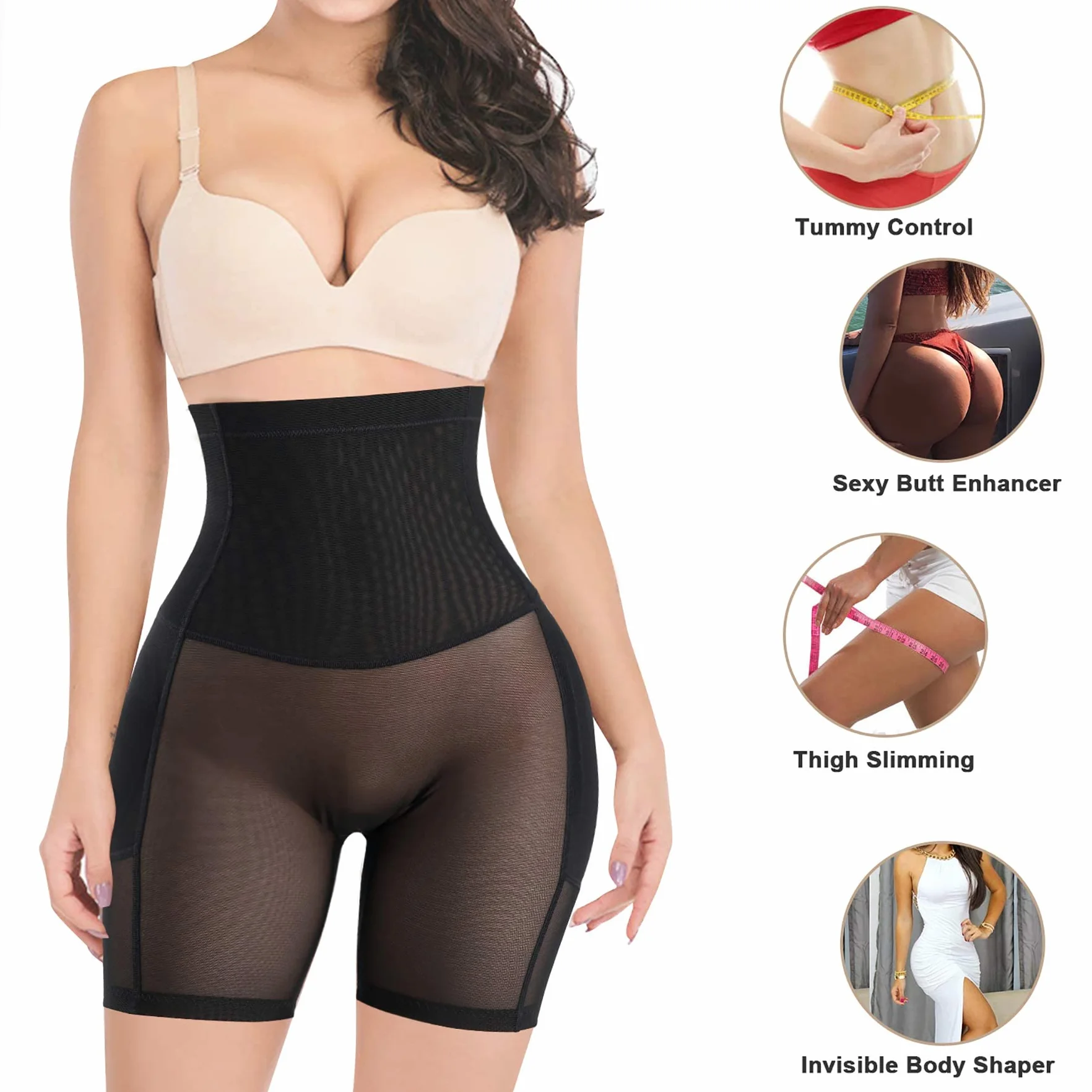Damskie majtki push-up, wyszczuplające brzuch, z nogawkami, modelujące pośladki, wysoka talia, oddychające majtki modelujące figurę
