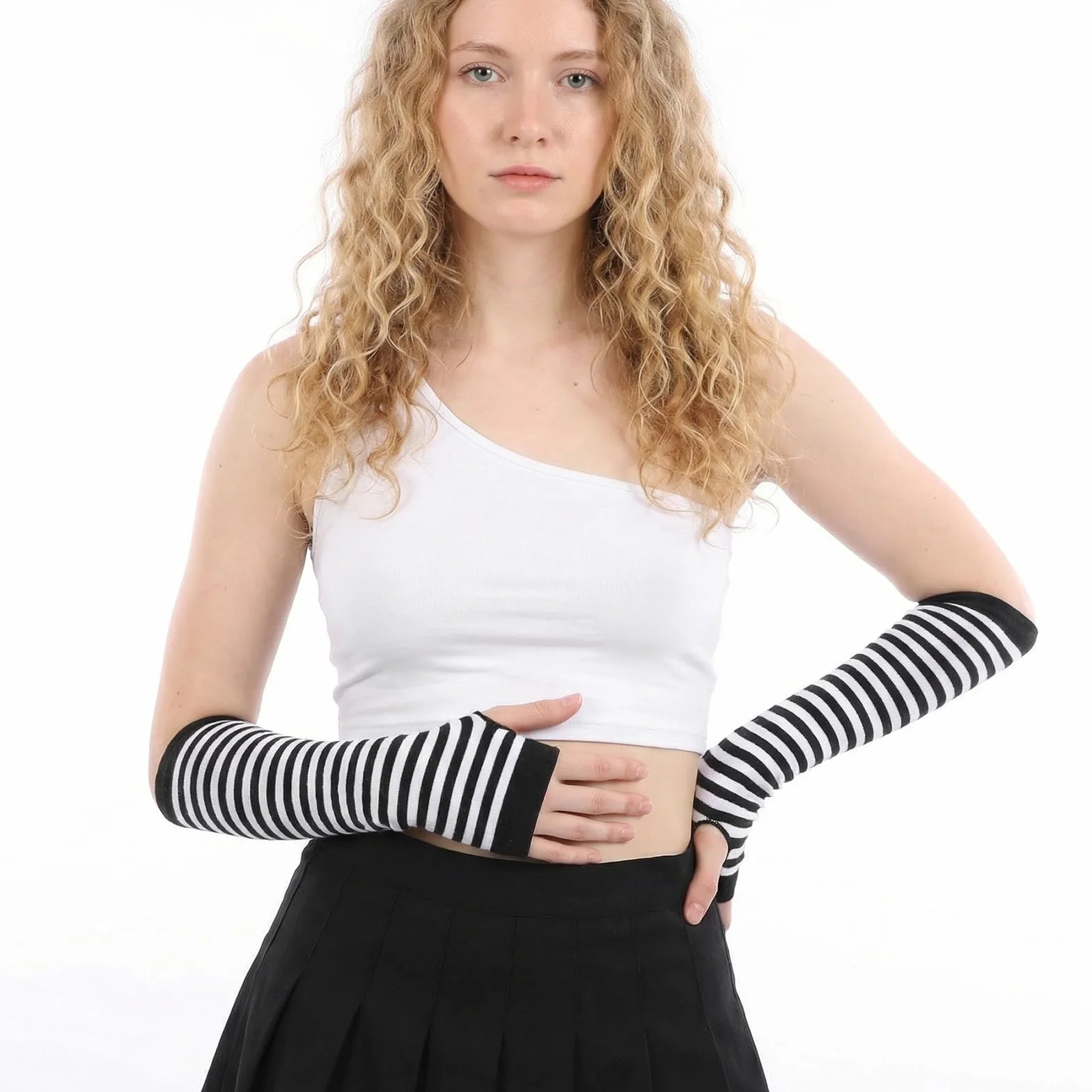 2 pary pasiastych ocieplaczy na ręce, punk, gotyckie, pasiaste, dziane rękawiczki bez palców, Harajuku Kawaii, ciepłe, ścielące się, dziane rękawiczki z otworem na kciuk dla kobiet i mężczyzn