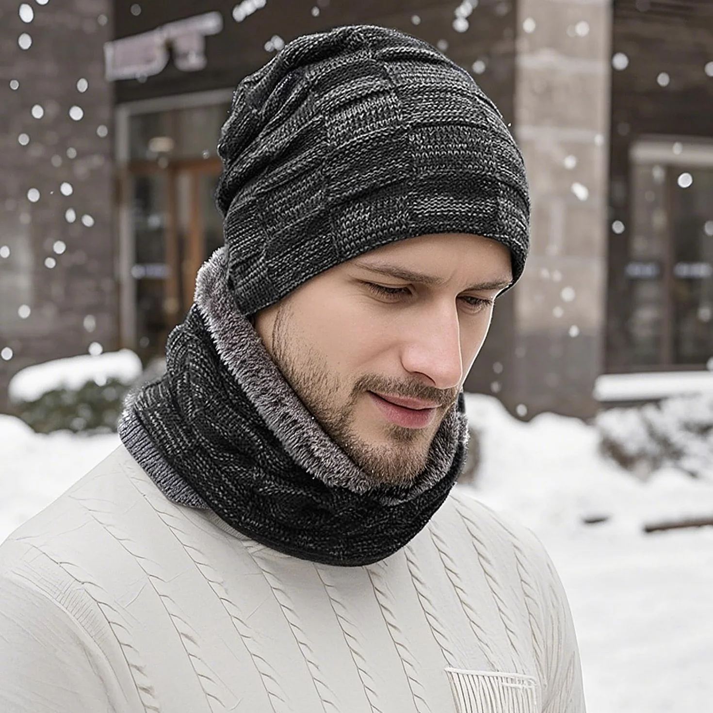 Męska czapka zimowa, zestaw szalików, szaro-czarna, imitacja kaszmiru, czapka beanie, czapka z dzianiny, dla mężczyzn i kobiet