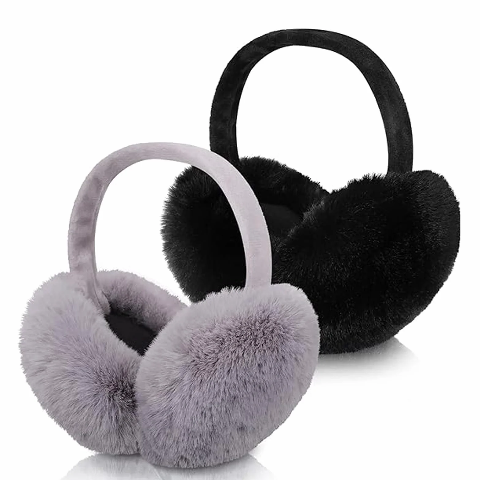 Ciepłe Nauszniki, 2 Sztuki, Damskie i Męskie, Zimowe, Pluszowe, Składane, Sztuczne Futro, Czarny i Szary, 20*20cm