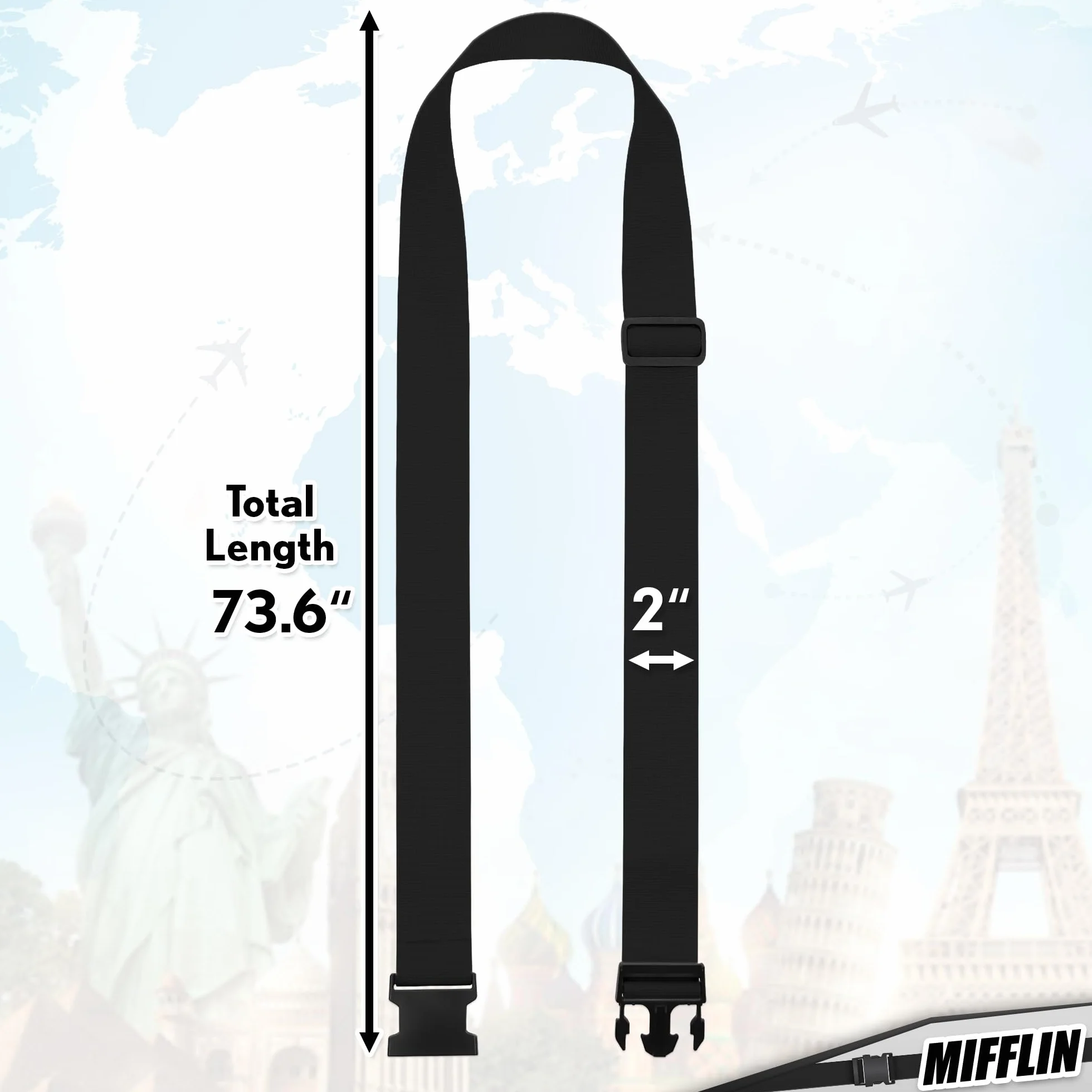 Luggage Straps - Black, 2m Long, 5cm Wide, 4 Pack - Adjustable Nylon Belt for Travel Suitcases & Bags - by Mifflin