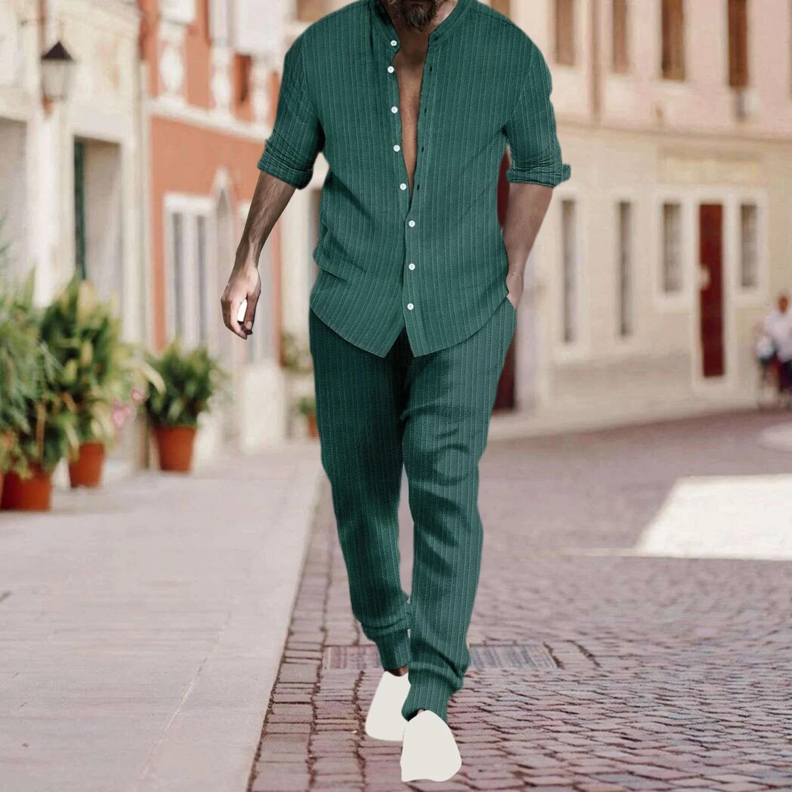 Generico Męski dres lniany lekki plus size garnitury sportowe na co dzień wygodne koszulki i spodnie bawełniane siłownia dresy do domu plaża wakacje ze sznurkiem krótkie rękawy kombinezon na siłownię