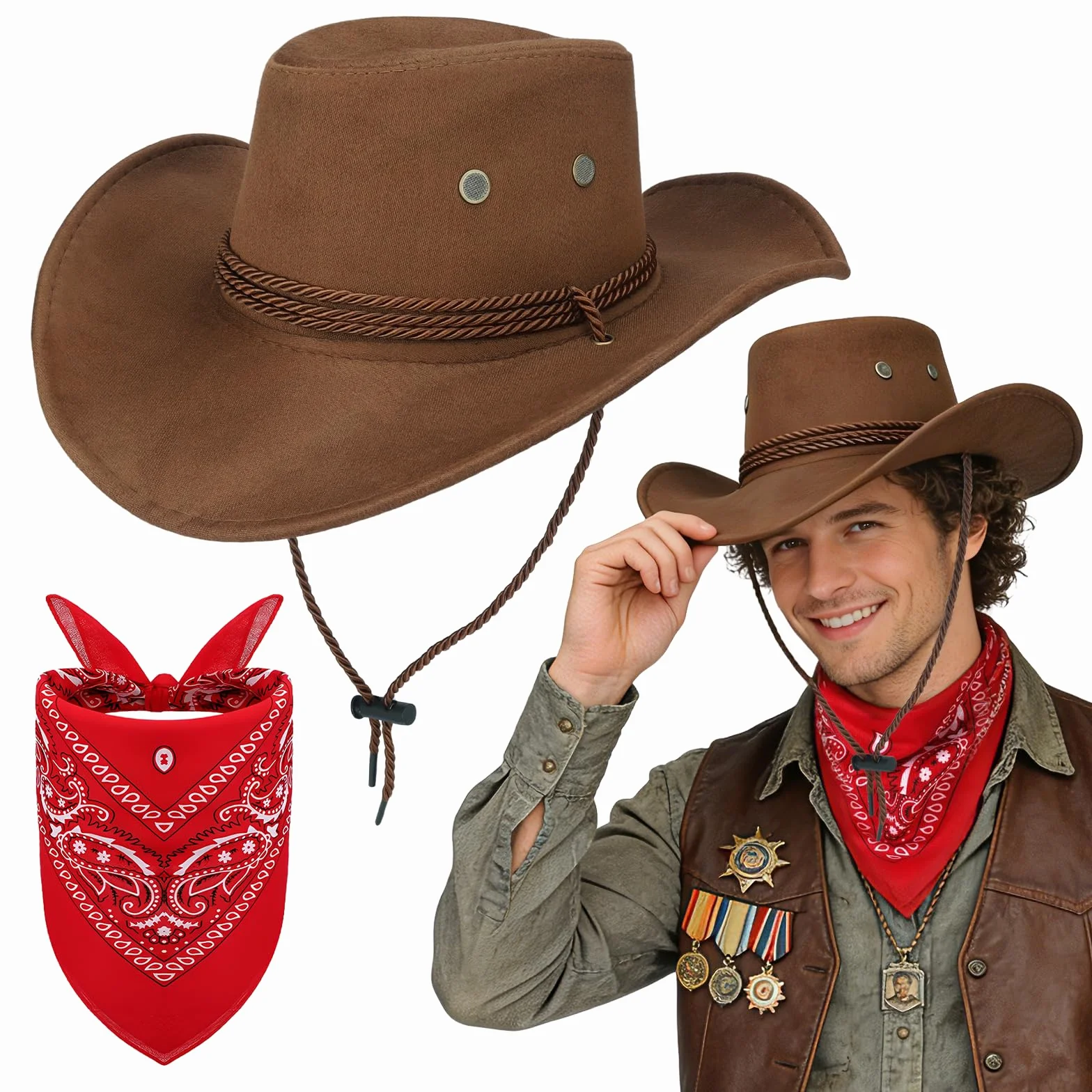 Zestaw 2 sztuk kapelusza kowbojskiego i bandany, western, kostium kowbojski, zestaw akcesoriów z kapeluszami kowbojskimi, bandana Paisley, dla mężczyzn i kobiet, na karnawał, Halloween
