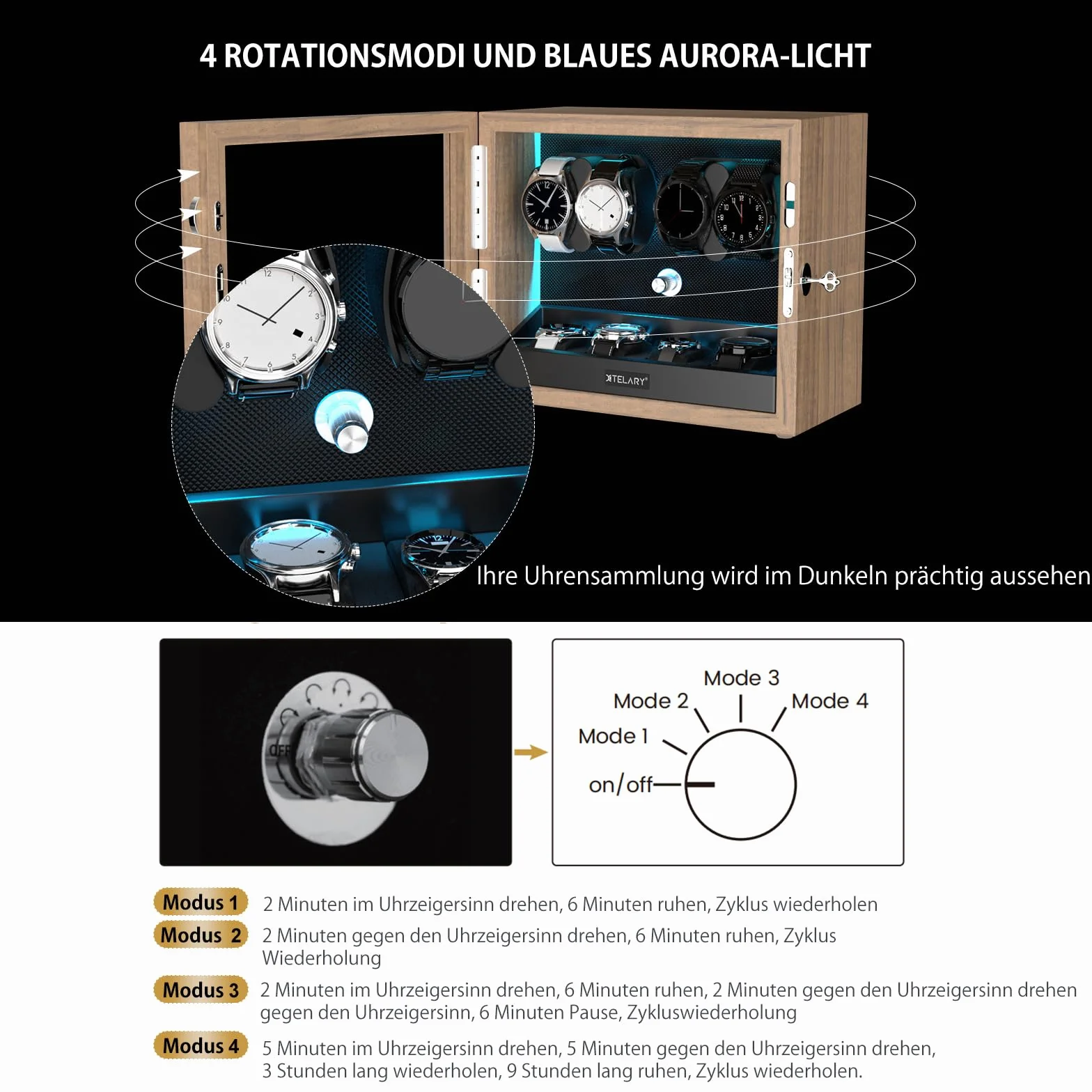 XTELARY Automatyczny Stojak na 4 Zegarki z 4 Dodatkowymi Przegródkami, Pudełko Automatyczne Mechaniczne Classic Watch Winder