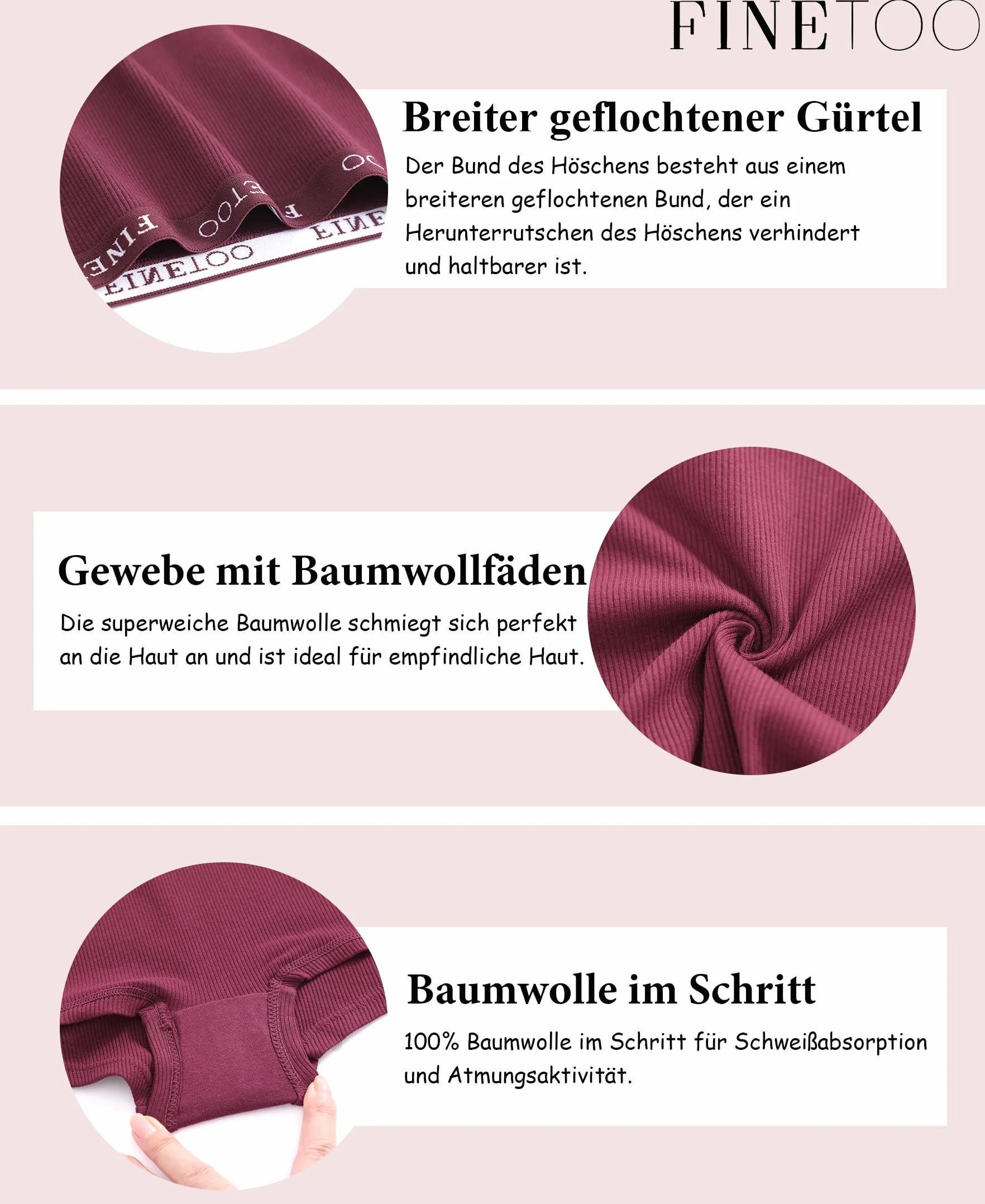 FINETOO Bokserki damskie, bawełna, bielizna damska, hipsterskie, miękkie majtki, 3 sztuki, S-XL, S