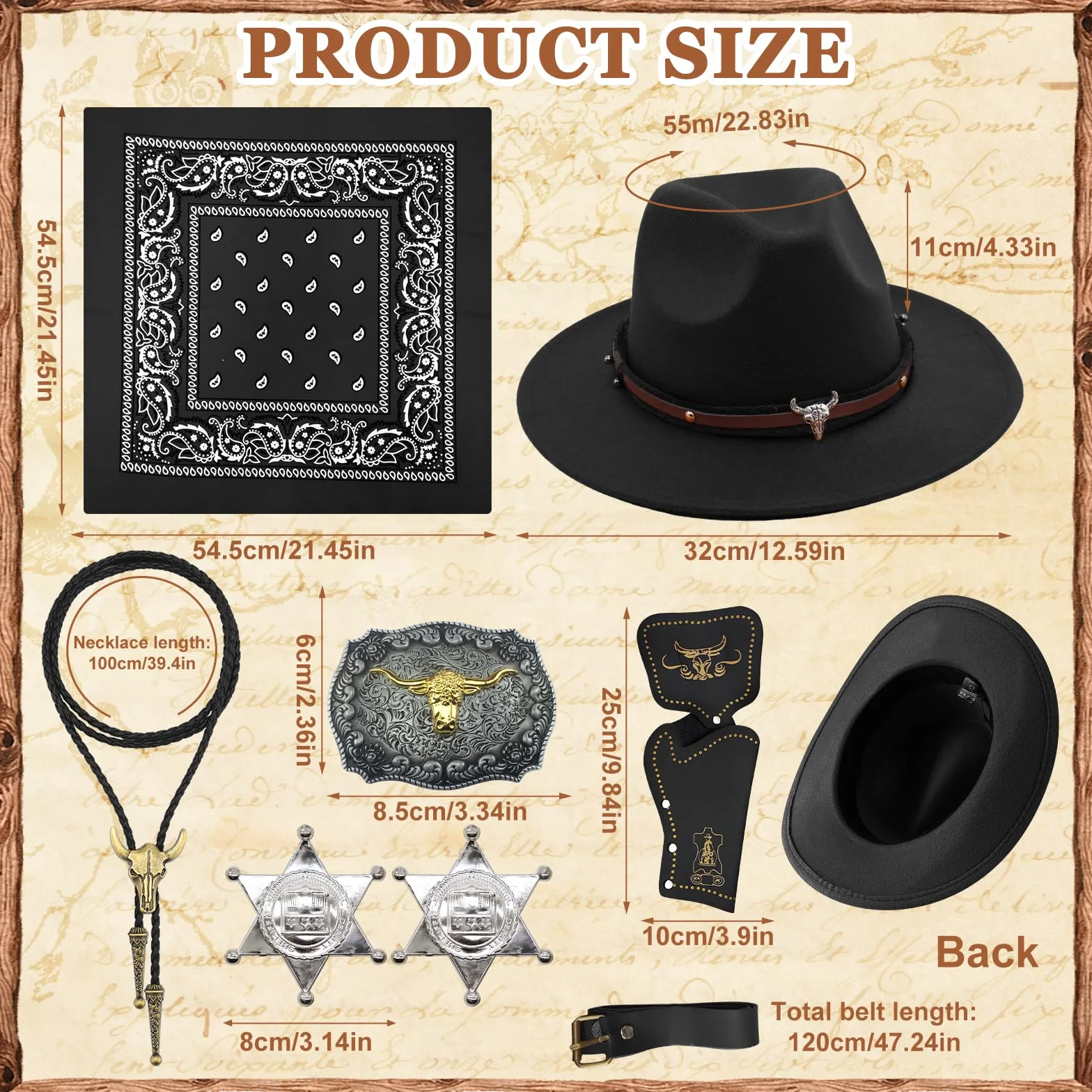 Zestaw 8 akcesoriów do kostiumu kowbojskiego, Deluxe Western Cowboj, strój z brązowym kapeluszem, paisley, kabura, pasek, bolo, klamra, krawat, naszyjnik, odznaka szeryfa, dla mężczyzn, hipisowska