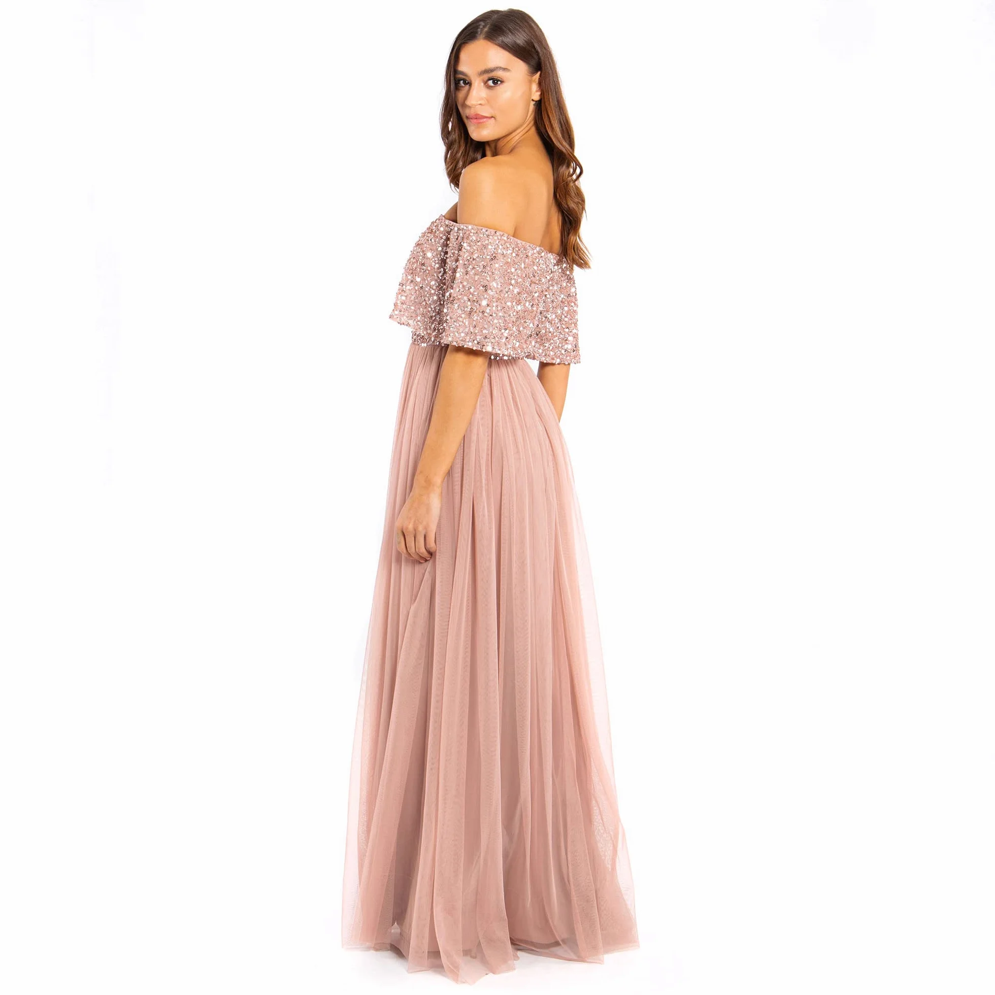 Maya Deluxe Miękka szara sukienka bardot Embellished Maxi dla druhny, kobiety
