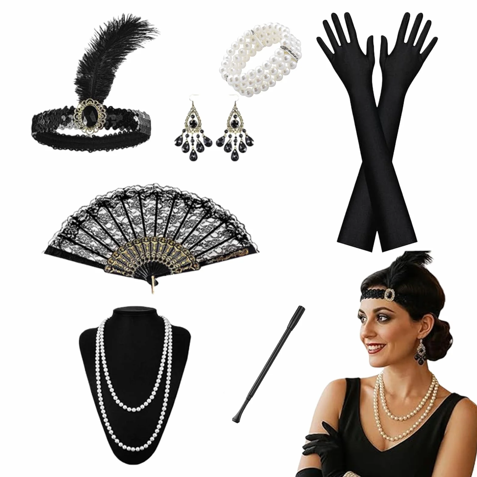 Akcesoria na rok 20, akcesoria Gatsby kostium damski, Charleston kobieta 1920 na maskaradę Halloween Boże Narodzenie karnawał