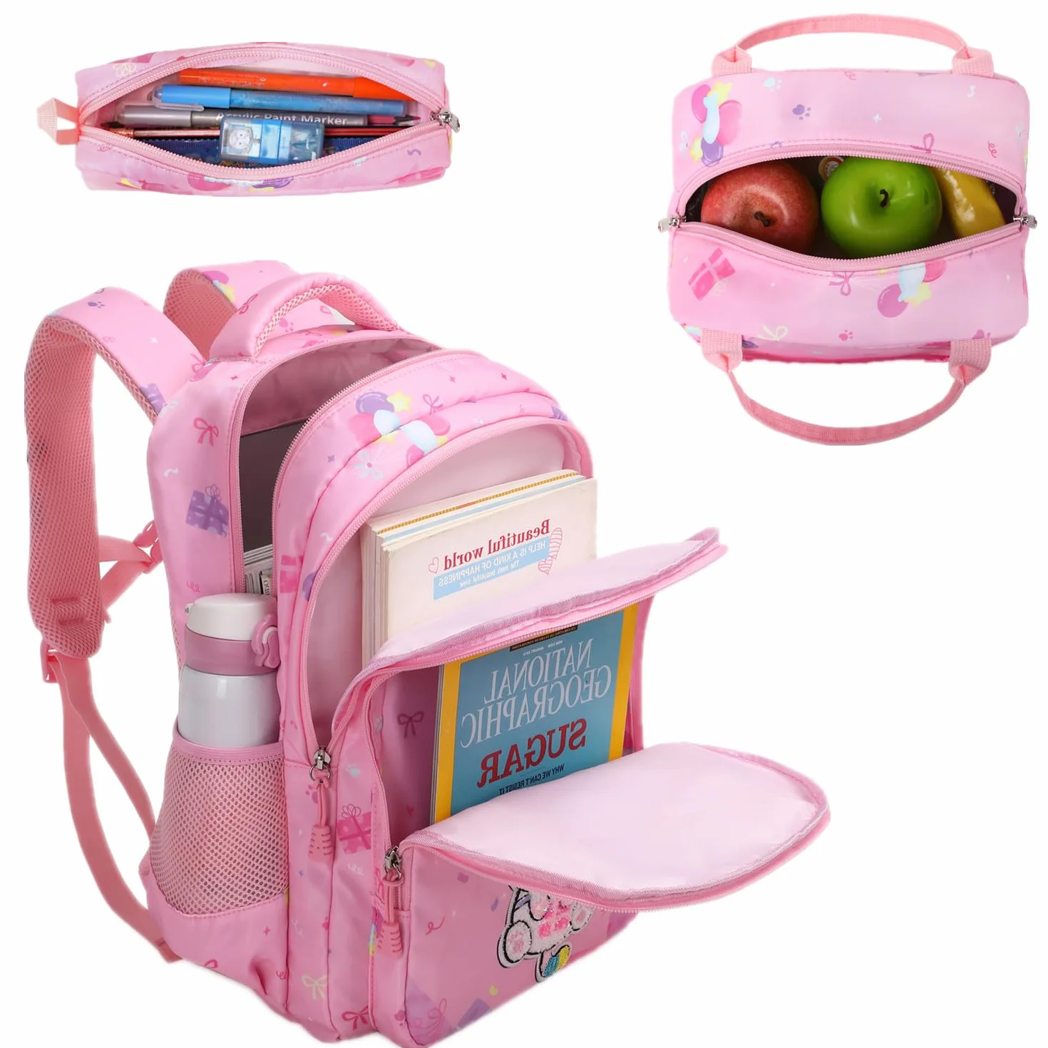 Jumpopack Plecak szkolny Plecaki dziecięce 3 w 1 Torby szkolne Plecaki dziecięce i pudełka na lunch, Balony różowe