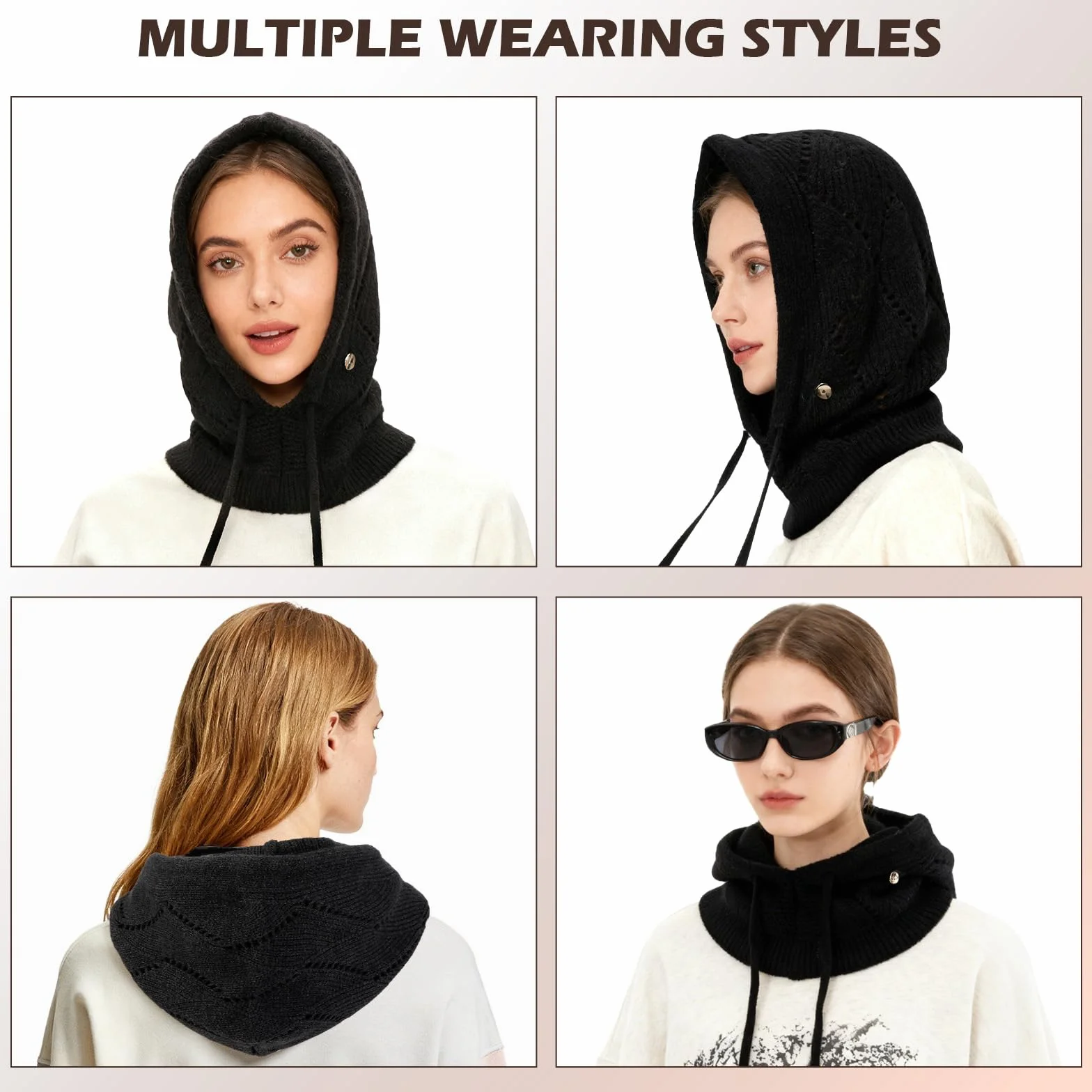 Damska zimowa luźna dzianinowa czapka, ciepła wiatroszczelna regulowana czapka z kapturem Snood, szalik 2 w 1, moda na co dzień, kominiarka, czapki beanie z ocieplaczem na szyję dla kobiet