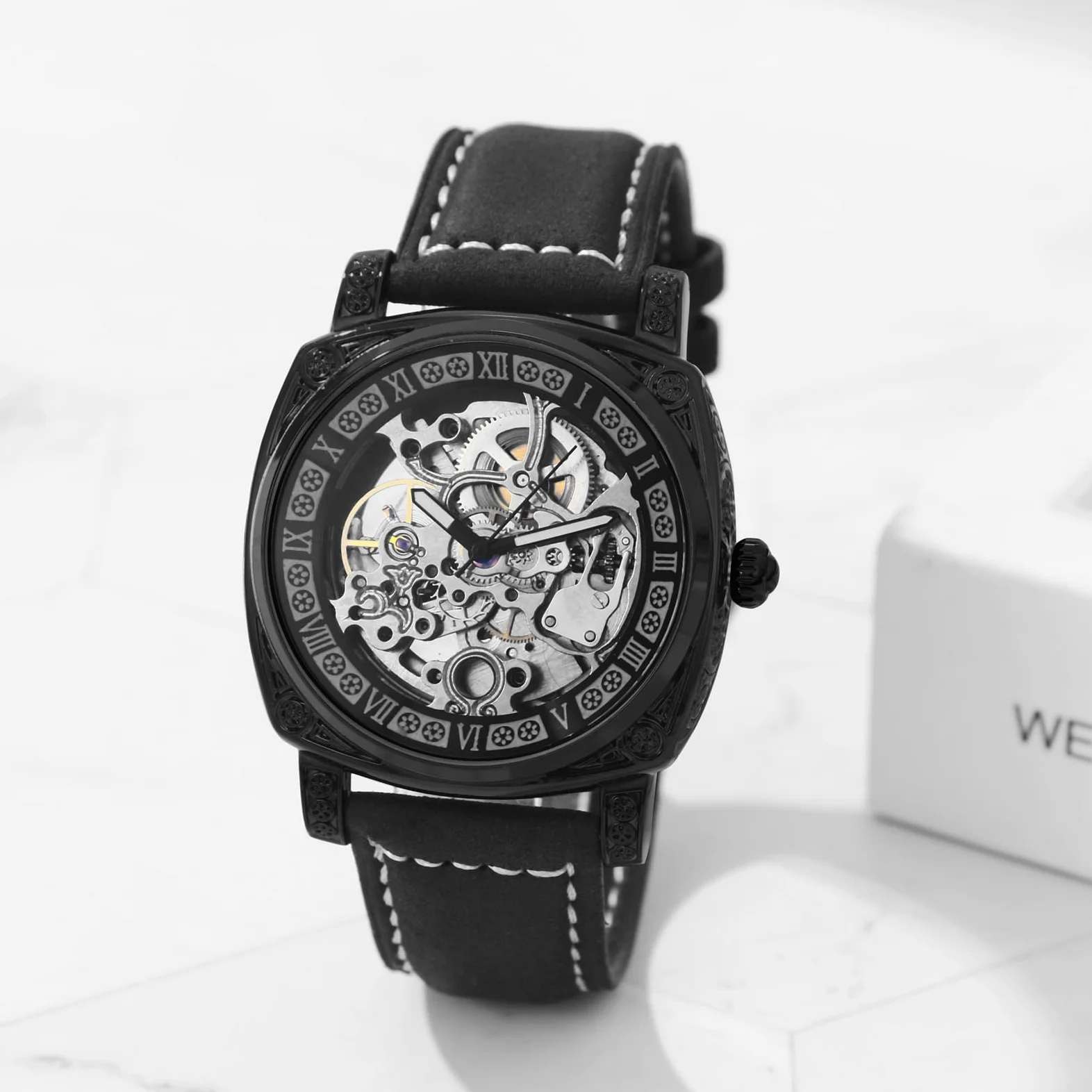 JewelryWe Męski zegarek na rękę ze szkieletem: klasyczny mechaniczny automatyczny zegarek czarna ramka szkielet tarcza ze stali nierdzewnej steampunk sukienka zegarek na Dzień Ojca Walentynki urodziny