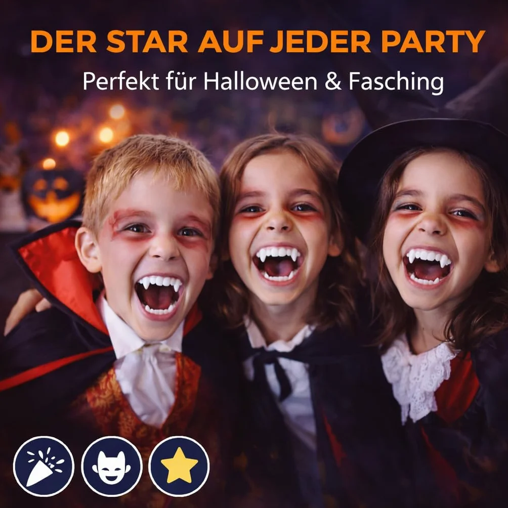 Zęby wampirów dla dzieci: bezpieczne i solidne mocowanie zębów do kostiumów Draculi i wampirów - idealne na Halloween i karnawał