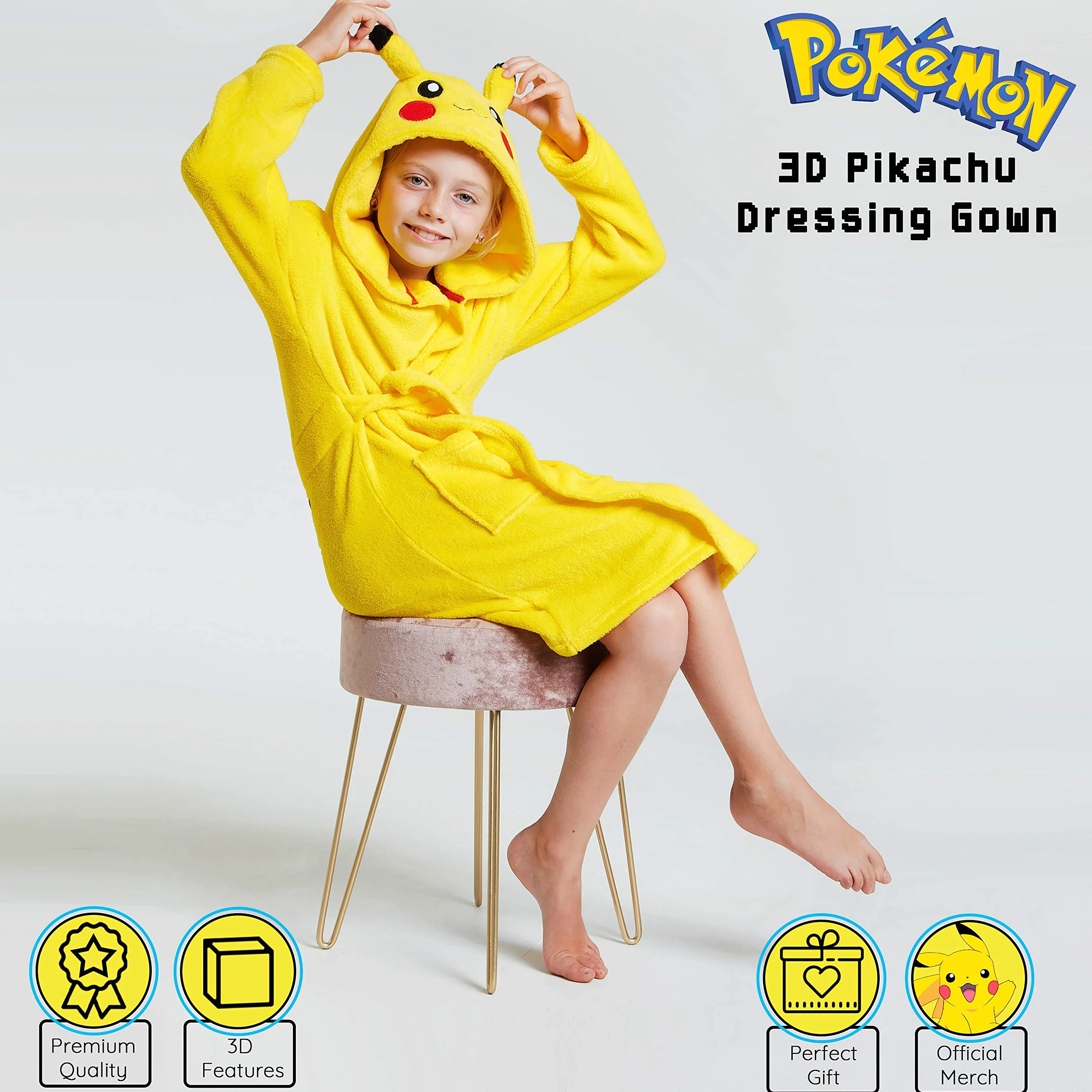 Pokemon szlafrok z kapturem, Pikachu 3D, miękki polarowy szlafrok dla dzieci, zabawne ubrania dla dzieci, dla chłopców lub dziewcząt, pomysł na prezent dla dzieci i nastolatków w wieku 4–14 lat