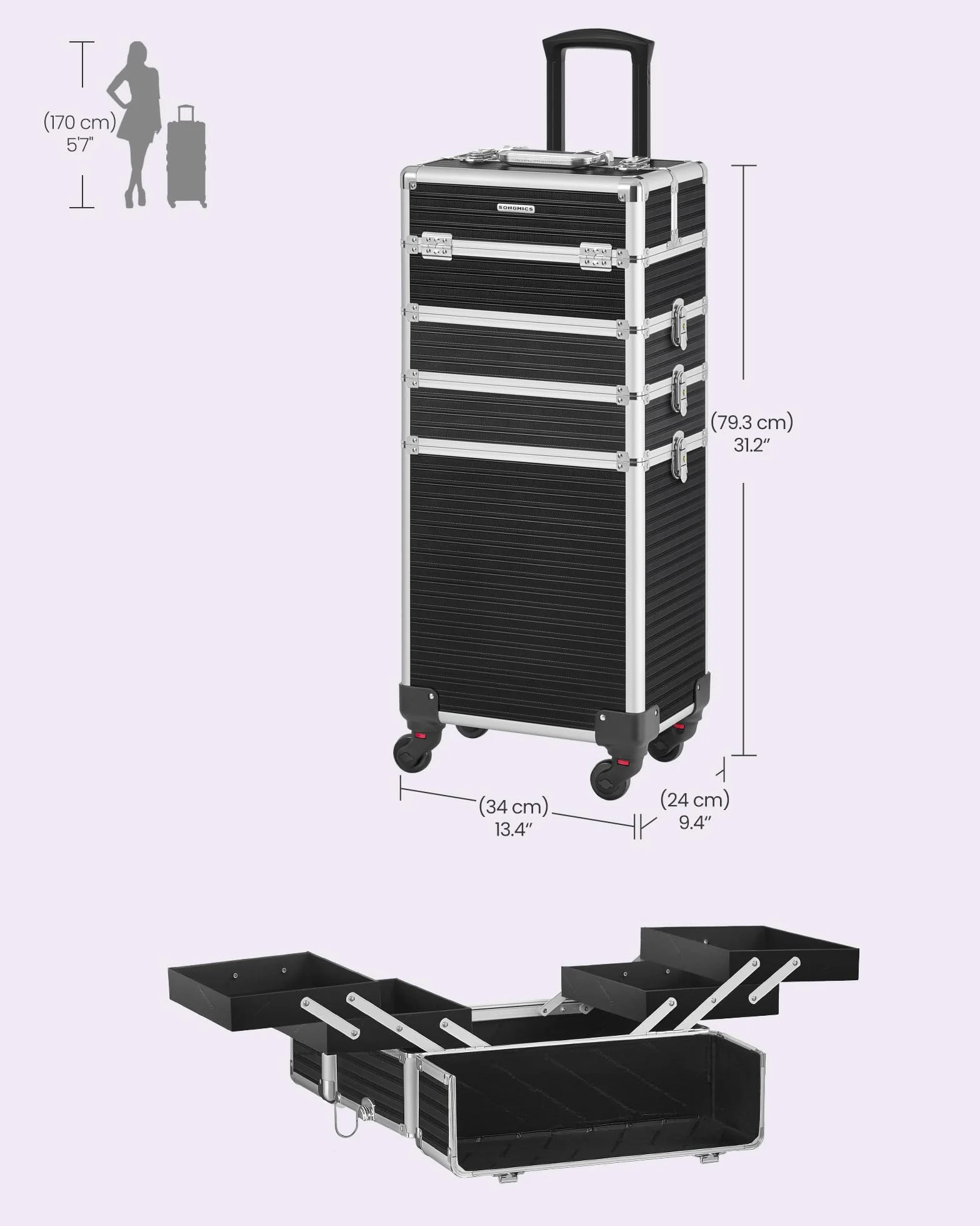 SONGMICS JHZ015B01 kuferek na kosmetyki, 4 w 1, bardzo duża, 34 x 24 x 79,3 cm, zamykana, kuferek do makijażu, kółka obracane o 360°, do podróży, pomysł na prezent, czarny, JHZ015B01