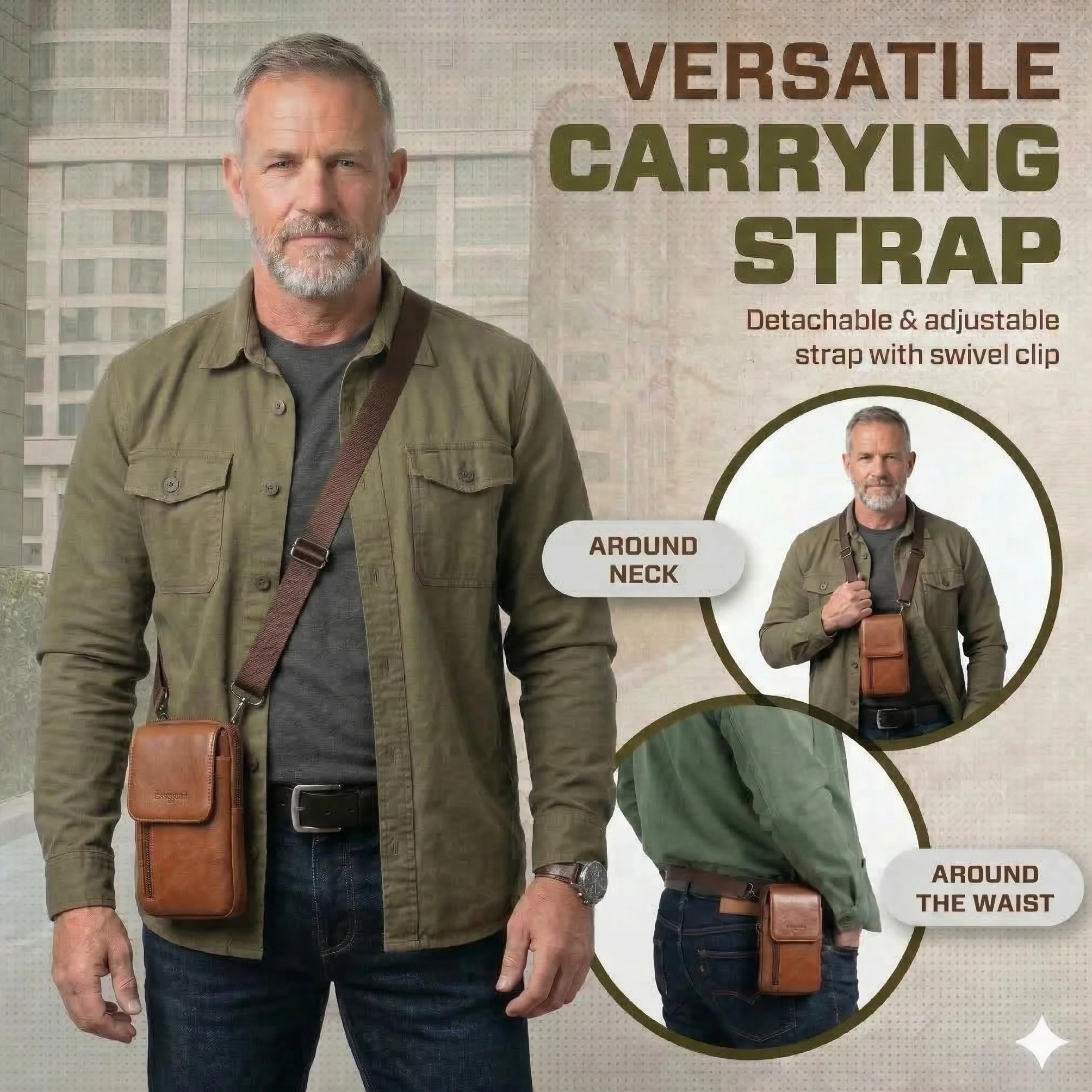Męskie skórzane torby crossbody na ramię, małe pionowe kabury na telefon komórkowy, torebka, torba na talię, opakowanie z karabińczykiem i szlufką na pasek, Brązowy_b, S, Torby na ramię