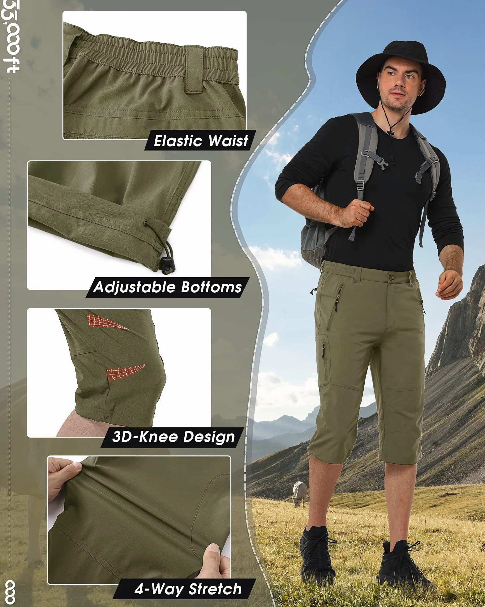 33,000ft Męskie spodnie cargo 3/4, krótkie spodnie trekkingowe, rozciągliwe, lekkie spodnie rowerowe, na lato, Capri, spodnie outdoorowe, UPF 50+, z wieloma kieszeniami, do wędrówek, biegania, jazdy