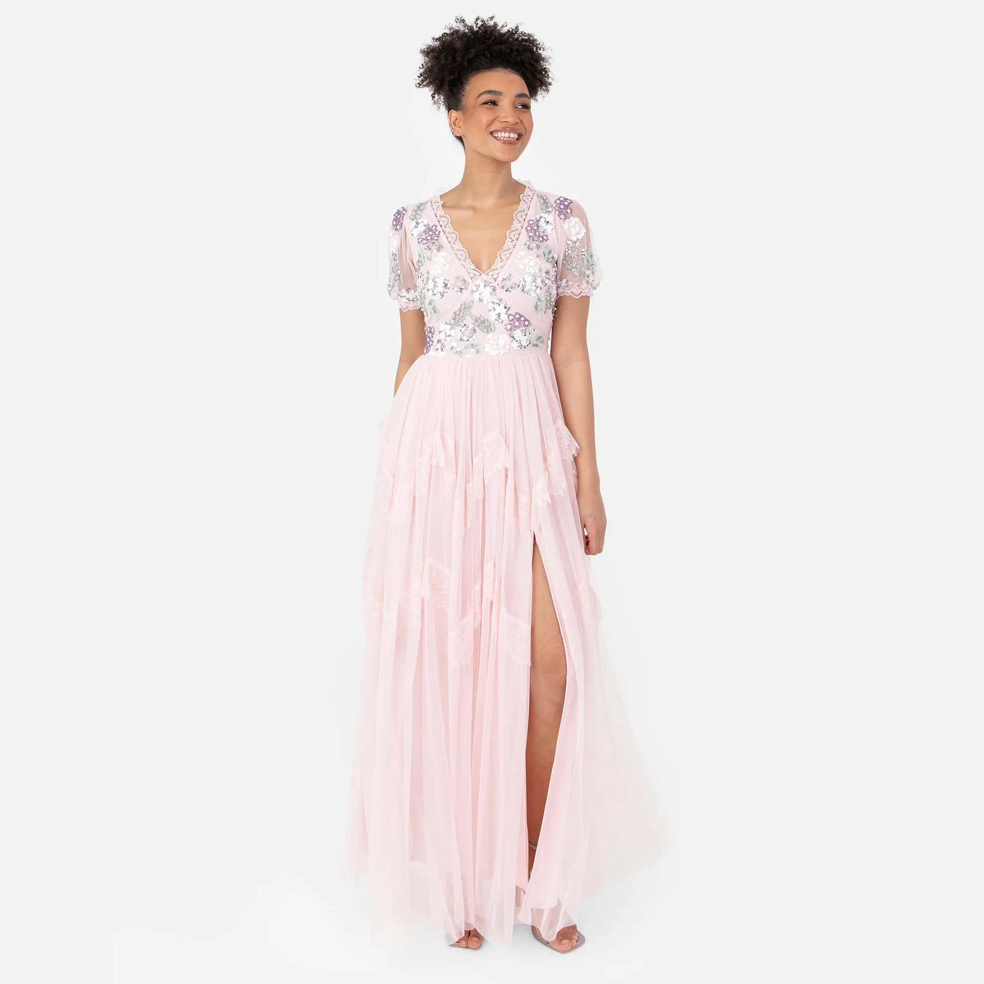 Maya Deluxe Damska sukienka maxi z krótkim rękawem z dekoltem w serek, wybijana koronka, tiulowa, rozcięta, linia A, dla panny młodej, różowa, 40, Crystal Pink, 40