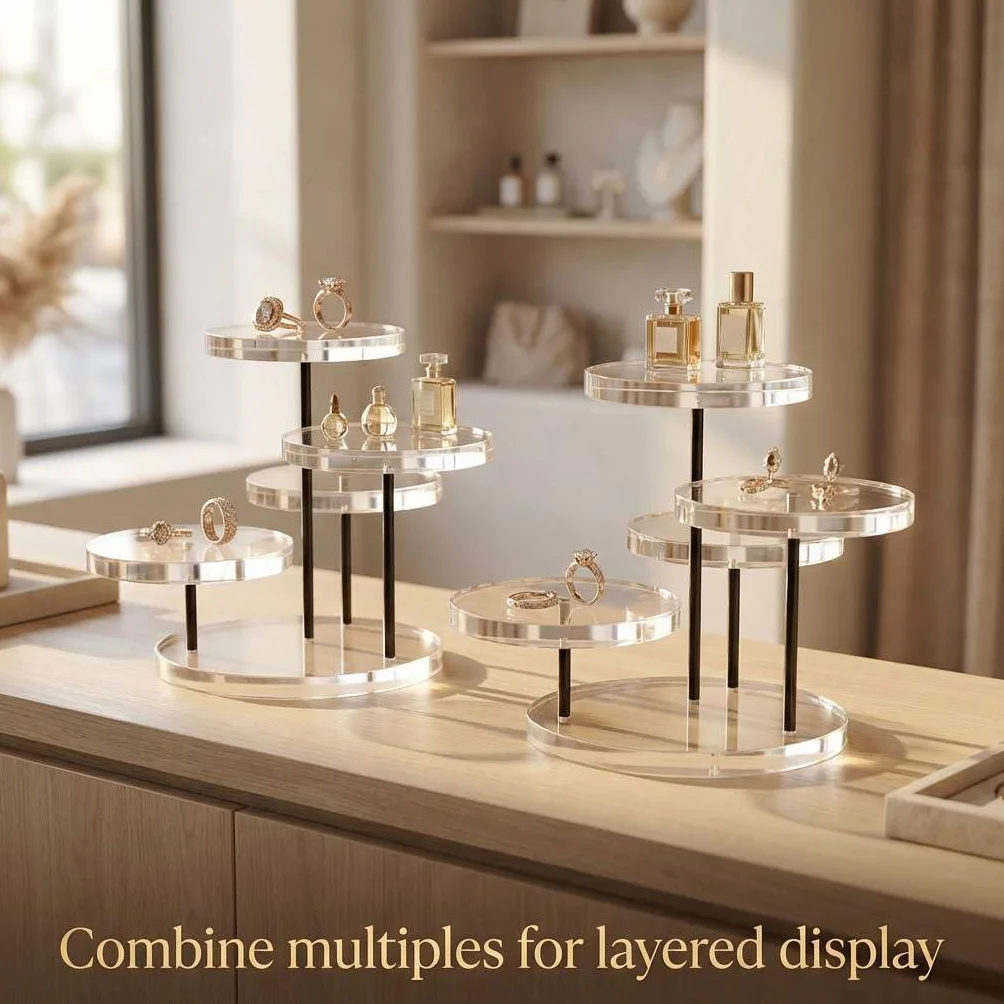 QWORK® 3-Tier Mini akrylowy stojak wystawowy, okrągły przezroczysty akrylowy stojak wystawowy na pierścionki Kolczyki Bransoletki Mini figurki (2 szt.)