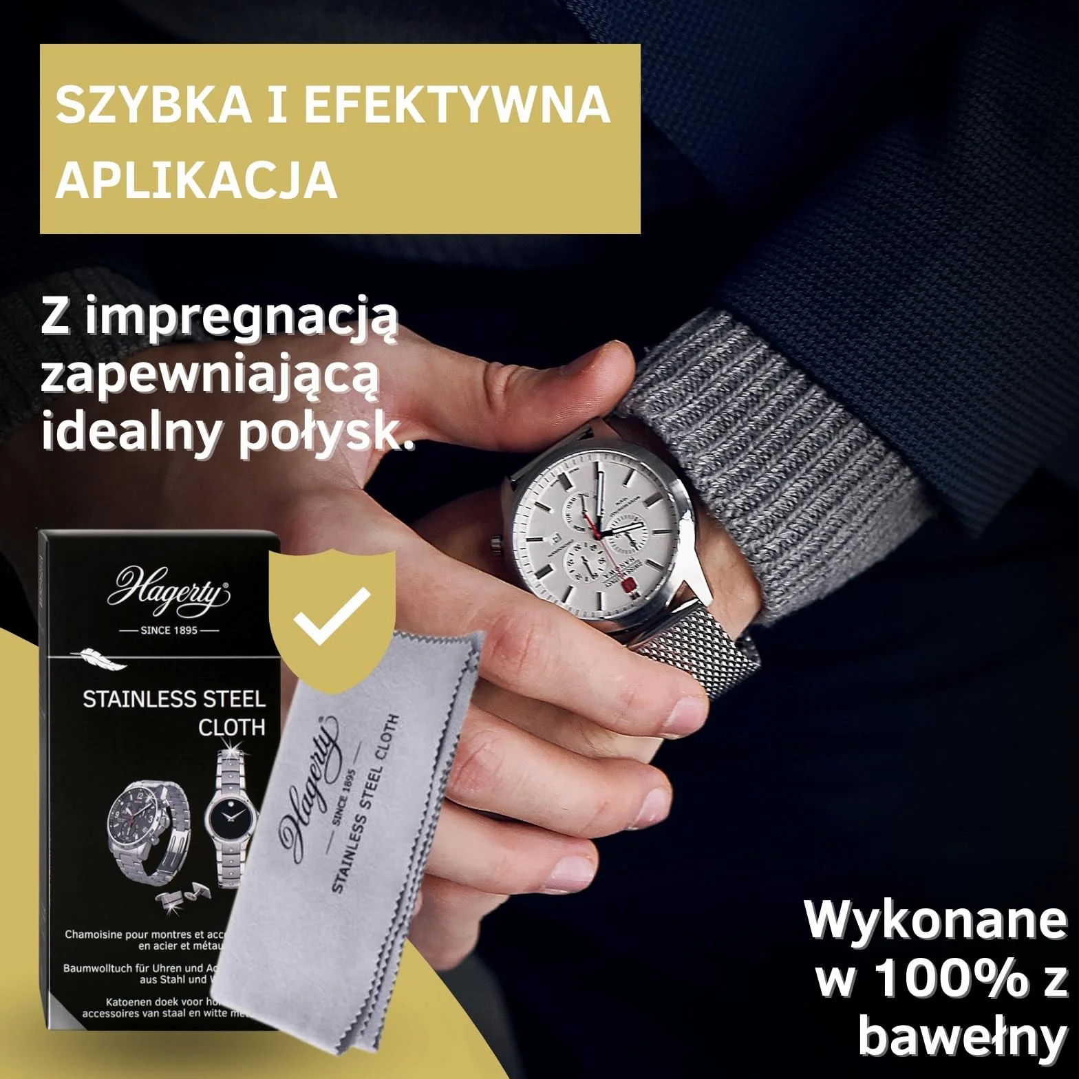 Hagerty Stainless Steel Cloth Ściereczka do czyszczenia stali szlachetnej 36 x 30 cm I Impregnowana ściereczka do polerowania zegarków ze 100% bawełny I Ściereczka pielęgnująca stal szlachetną