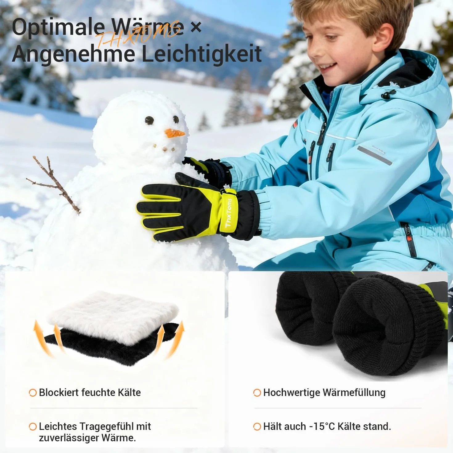 ThxToms Dziecięce rękawice narciarskie, zimowe rękawiczki narciarskie, -15℃, palma PU, wiatroszczelne, wodoszczelne, ciepłe polarowe, sportowe, snowboardowe, do jazdy na nartach, jazdy na rowerze, dla