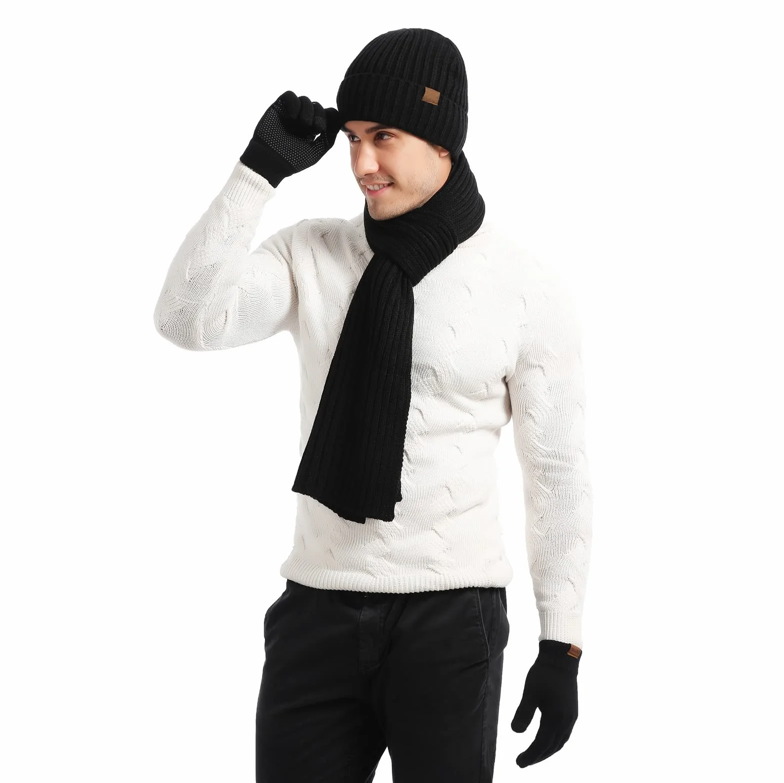 Męski 3 w 1 dzianinowy kapelusz szalik i rękawiczki zestaw zimowy szalik termiczny polar podszewka wewnętrzna czapka czapka i palce rękawiczki z ekranem dotykowym, Czarny, Rozmiar uniwersalny