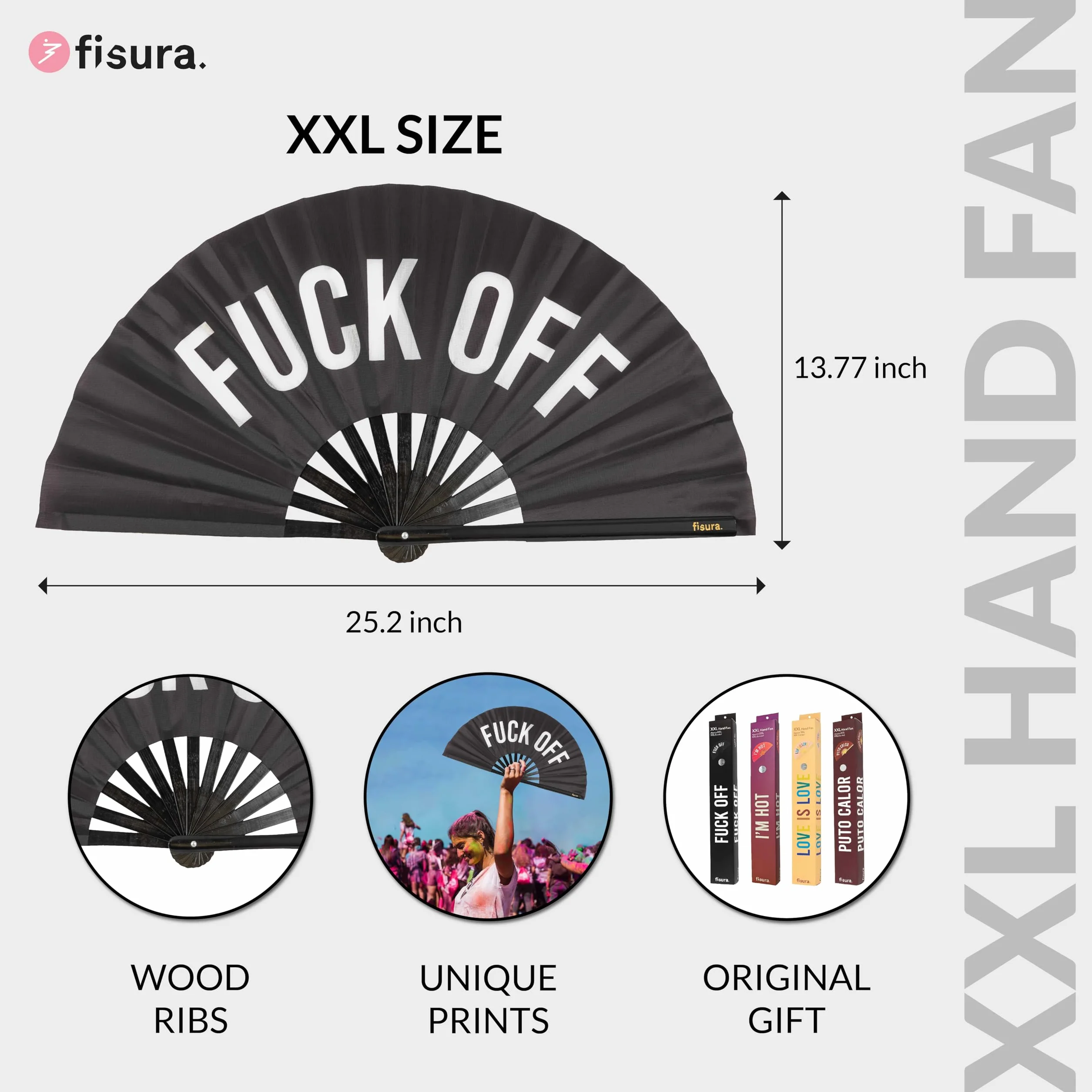Fisura - duży składany wachlarz "f*CK Off". Oryginalny wachlarz z dużym przesłaniem czarny XXL. Składany wachlarz bambusa. Wymiary: 64 x 33 centymetry.