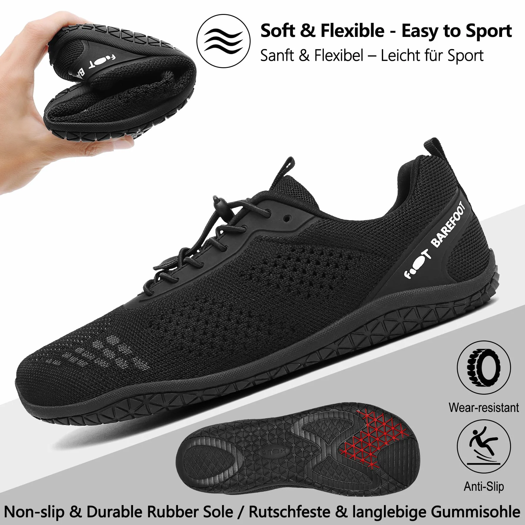 Geweo Buty Barefoot Męskie i Damskie Lekkie Wygodne Buty Sportowe Treningow z Szeroką Skrzynią na Palce Oddychające Buty do Biegania, do CrossFit i Fitness, Świeżym Powietrzu Sport Unisex Czarny 46EU