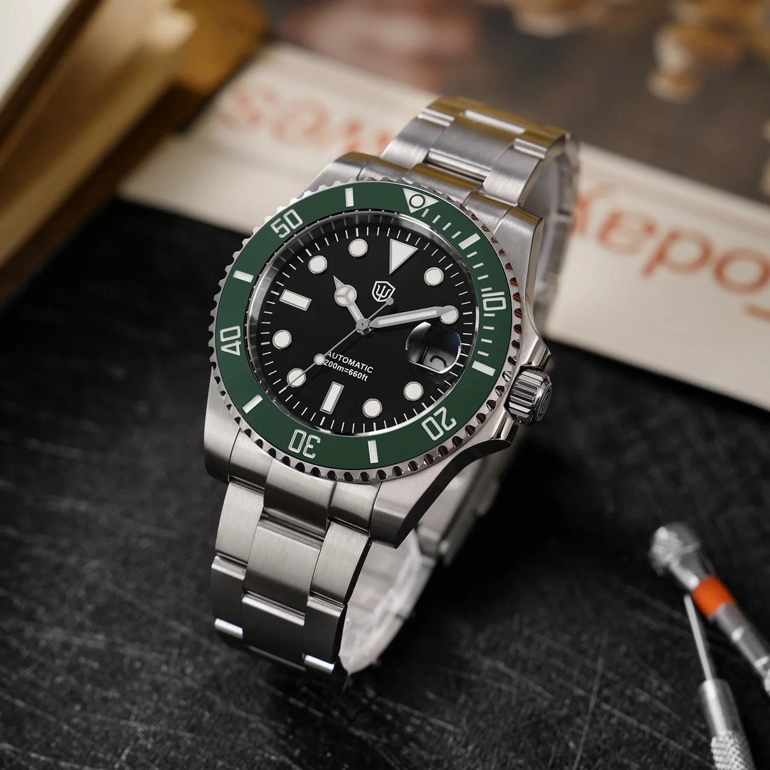 watchdives WD5512B Zegarek do nurkowania dla mężczyzn, ST2130, automatyczny zegarek na rękę, 40 mm, szkło szafirowe, wypukłe lustro do okna daty (efekt wzmocnienia 2,5-krotnego), BGW-9 niebieskie