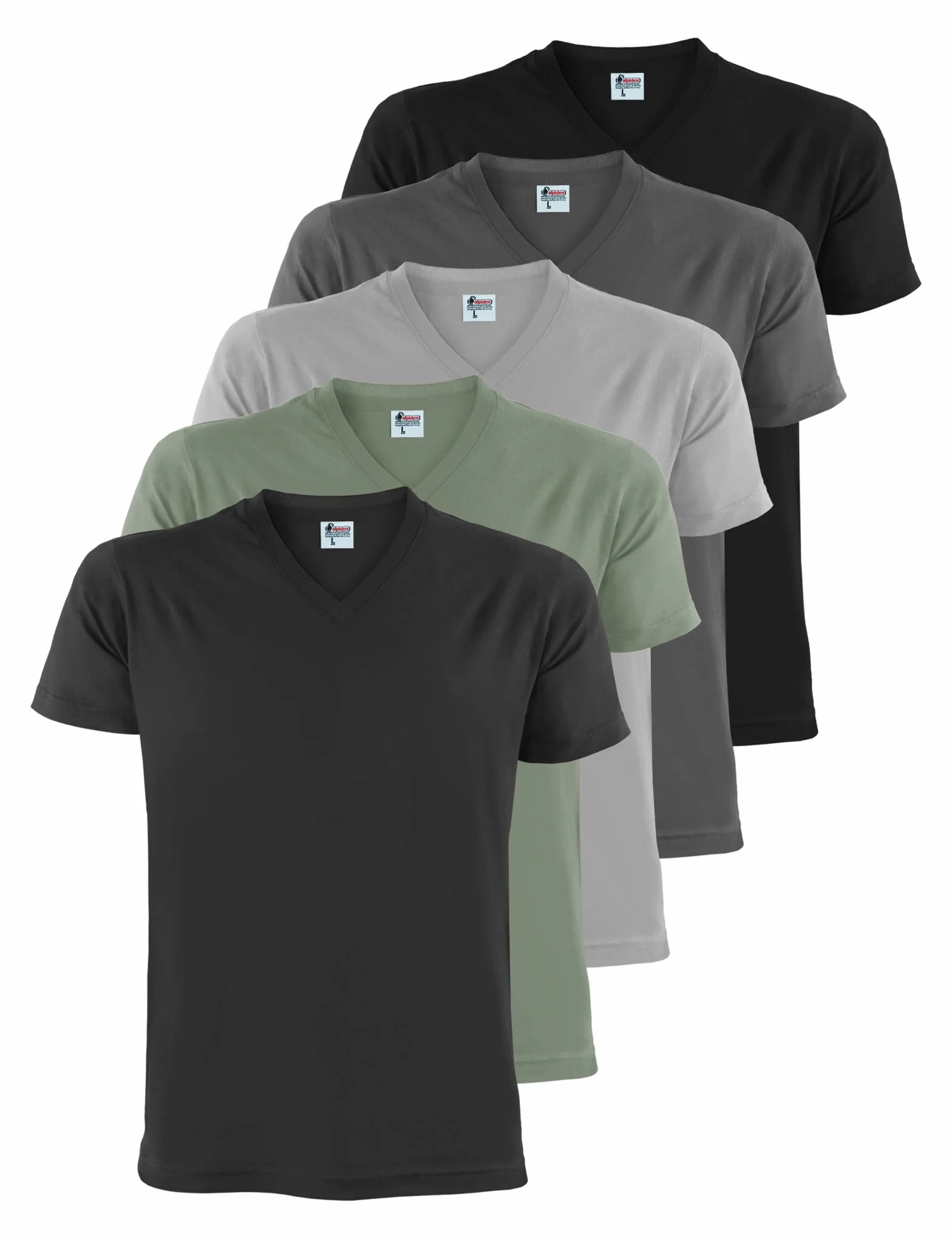 ALPIDEX T-shirt Koszulki Męskie Zestaw Set 5 Sztuk Dekolt V 100% Bawełna Jednokolorowe Krótki Rękaw S M L XL XXL 3XL 4XL 5XL