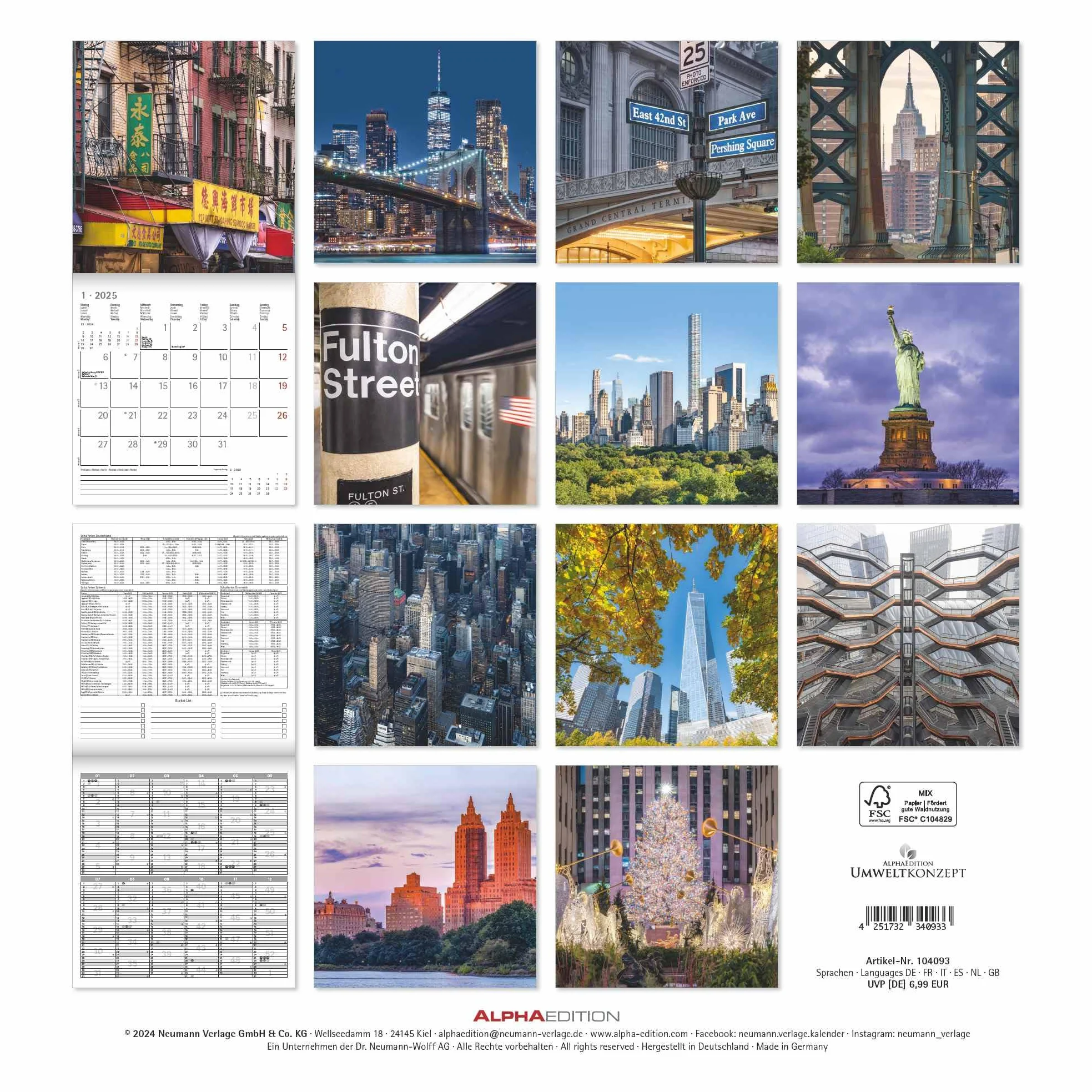 Alpha Edition - New York 2025 Broschürenkalender, 30x30cm, Wandkalender mit Platz für Notizen und Termine, Bilder amerikanischen Metropole, Monatsübersicht und Ferientermine DE/AT/CH