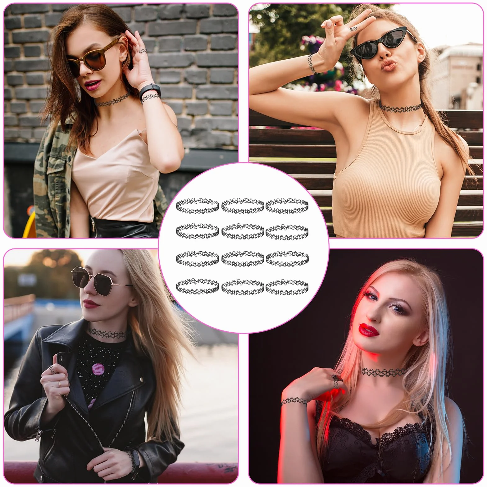 Andibro 12 sztuk zestaw rozciągliwych naszyjników, 4 zestawy rozciągliwe naszyjniki choker z tatuażem, bransoletki, pierścionki damskie, vintage punk gothic, naszyjnik z tatuażem, gumowy, z lat 90