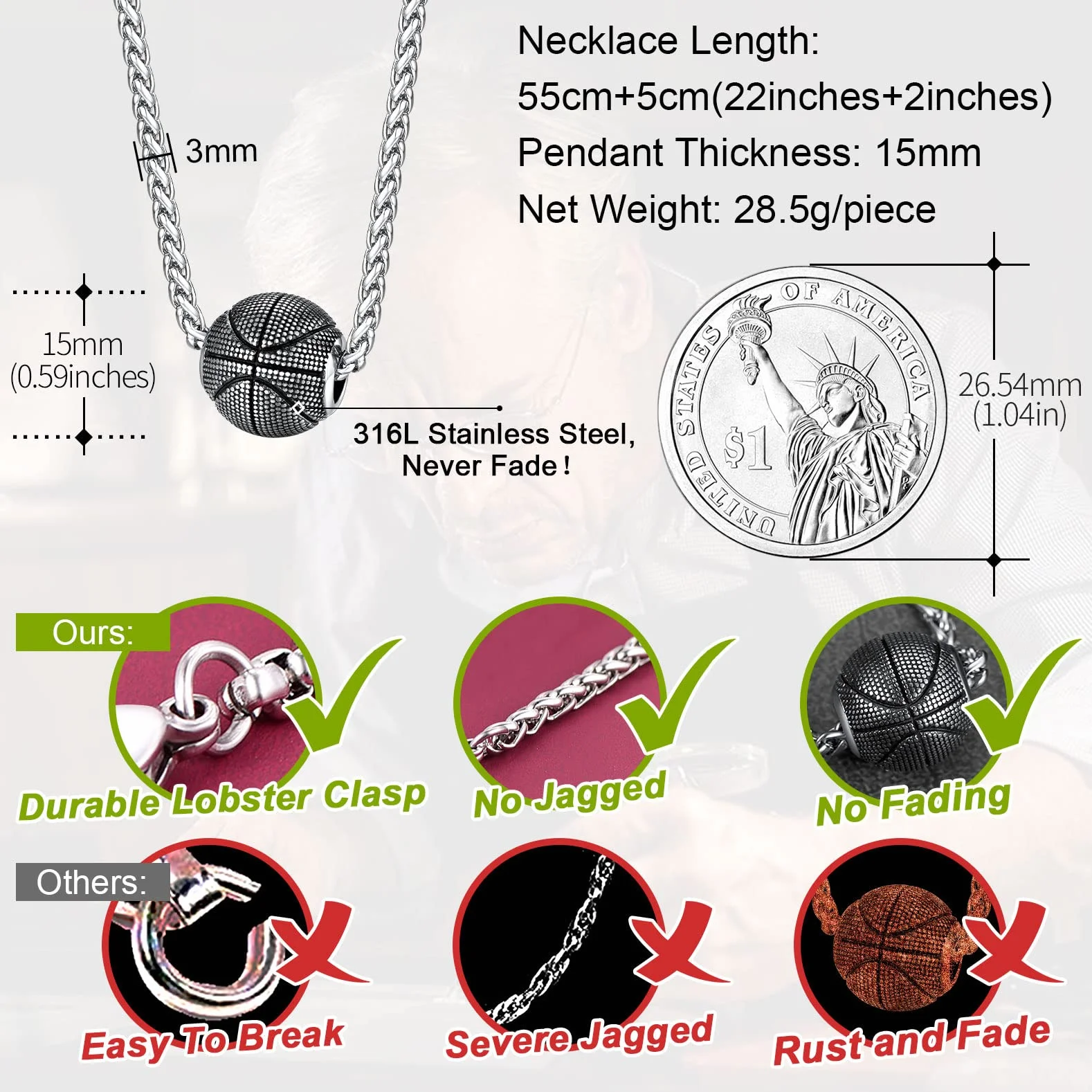 FaithHeart Męski Naszyjnik Sportowy Wisiorek Piłka nożna/Koszykówka/Siatkówka/Rugby Stal nierdzewna/Złoty/Czarny z Łańcuchem 55+5 cm, Biżuteria sportowa dla Nastolatków Chłopiec Kobiety (Pudełko