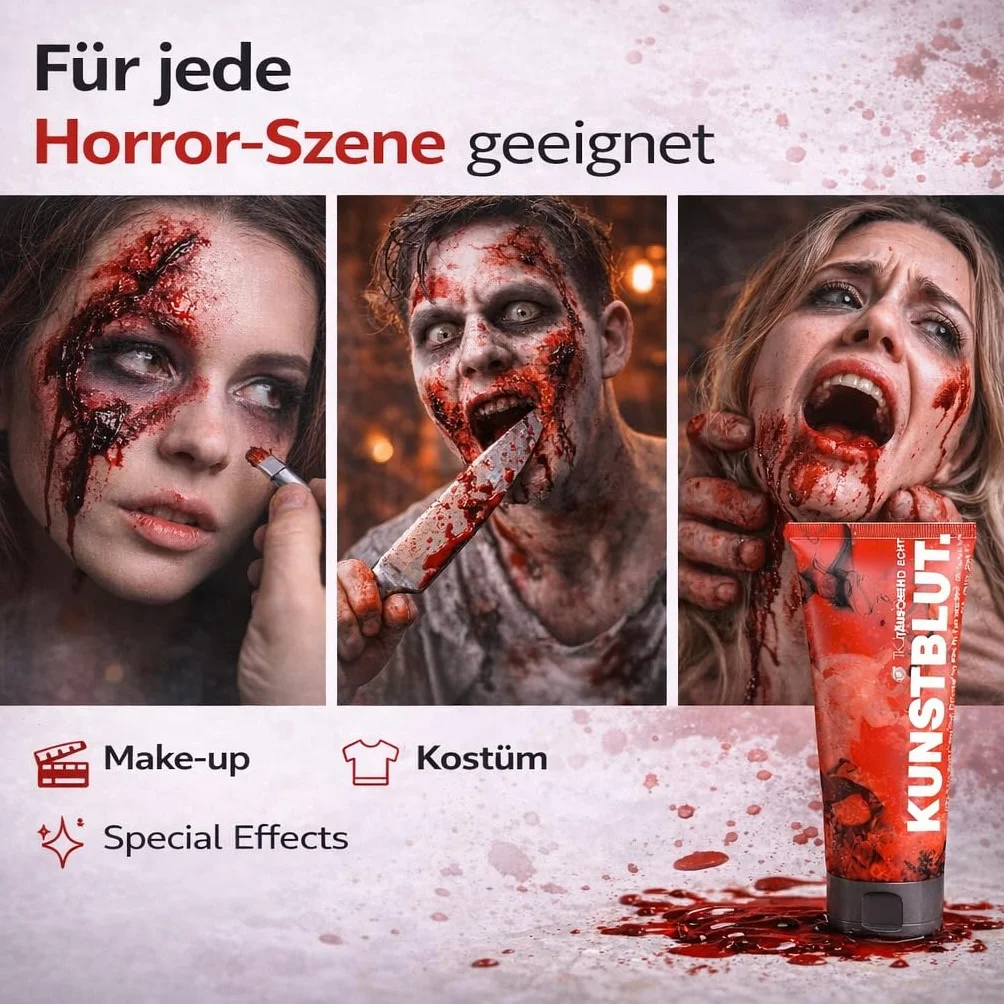 50 ml sztucznej krwi – sztuczna krew do makijażu i przebieranek na Halloween i karnawał – zmywalna i do złudzenia przypominająca prawdziwą krew