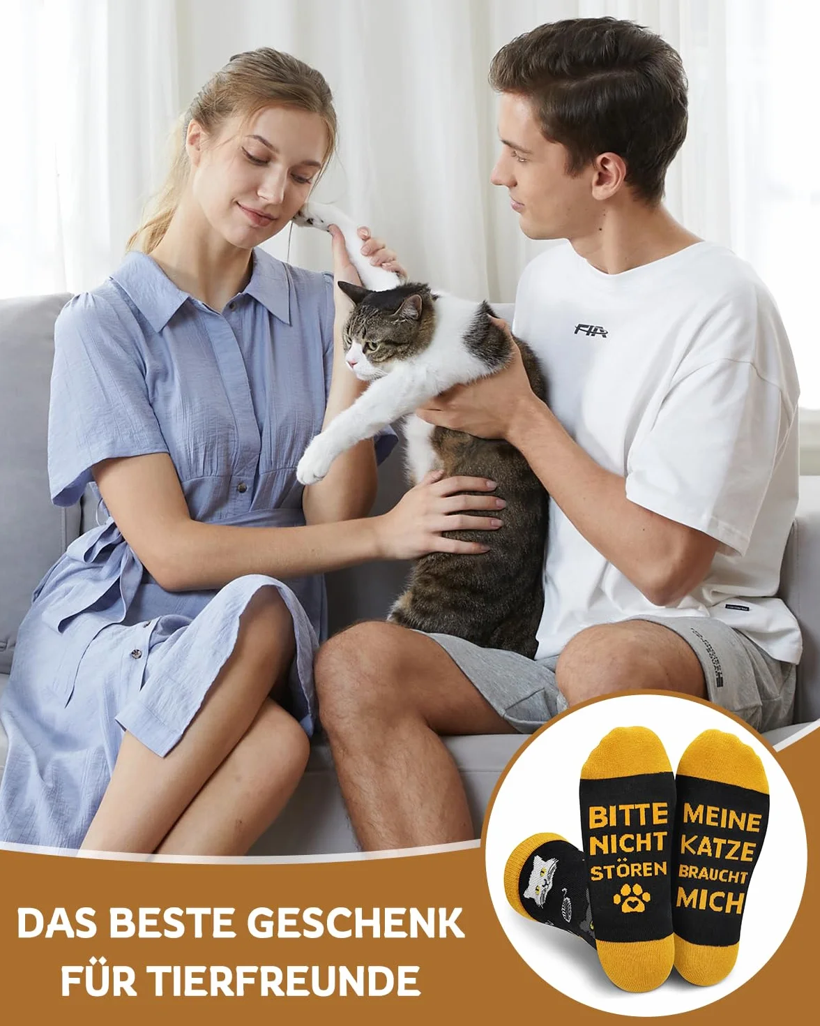 Skarpety z zabawnym motywem kota, zabawne skarpety z napisem "Bitte nicht Stören - Meine Katze braucht Mich", pomysł na prezent urodzinowy dla miłośników kotów kobiet i mężczyzn