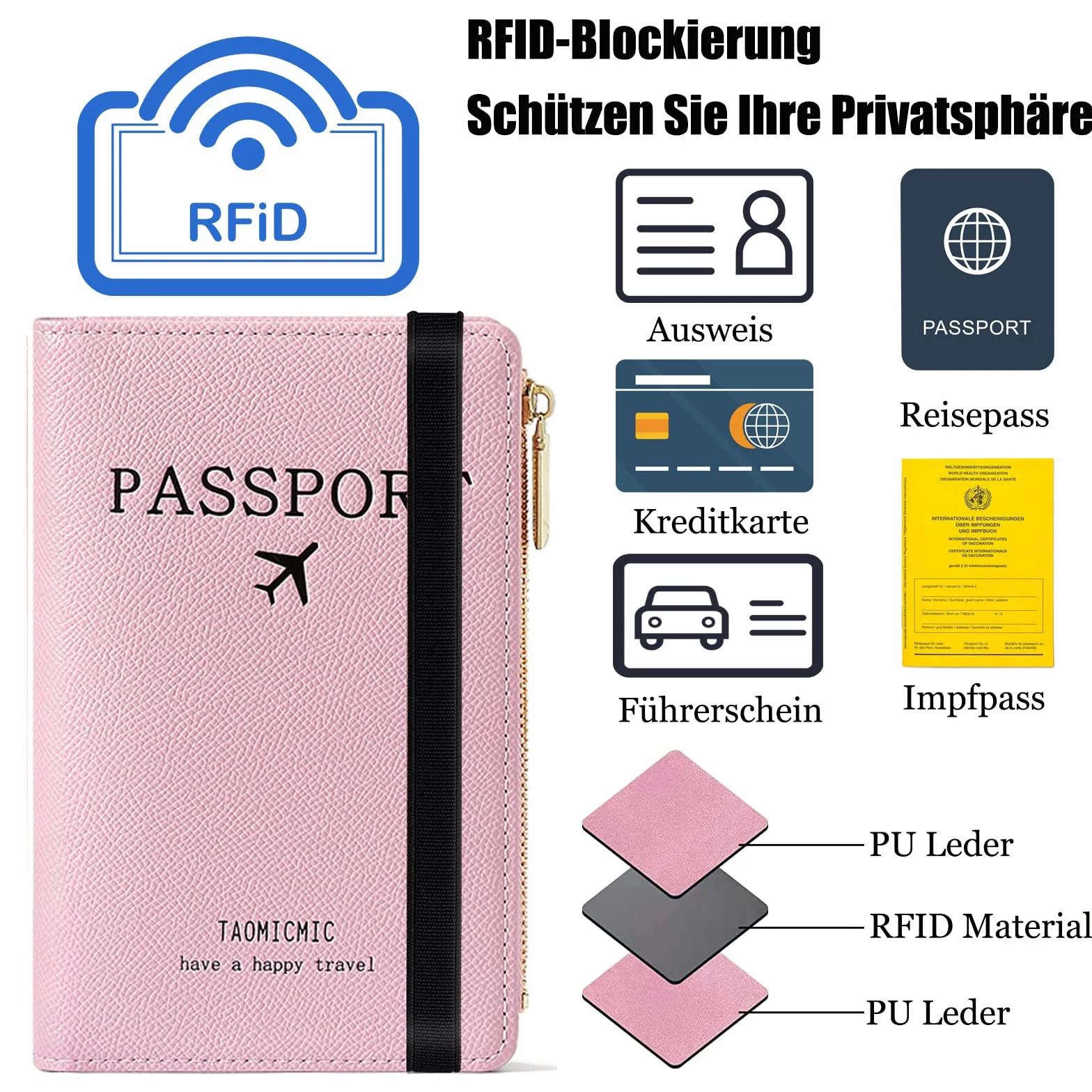 Etui na paszport, skórzany organizer podróżny z blokadą RFID, etui na paszport, wizytówki, karty kredytowe, karty pokładowe, Różowy (różowy A), 17 x 11 x 2.5 cm, portfel rfid