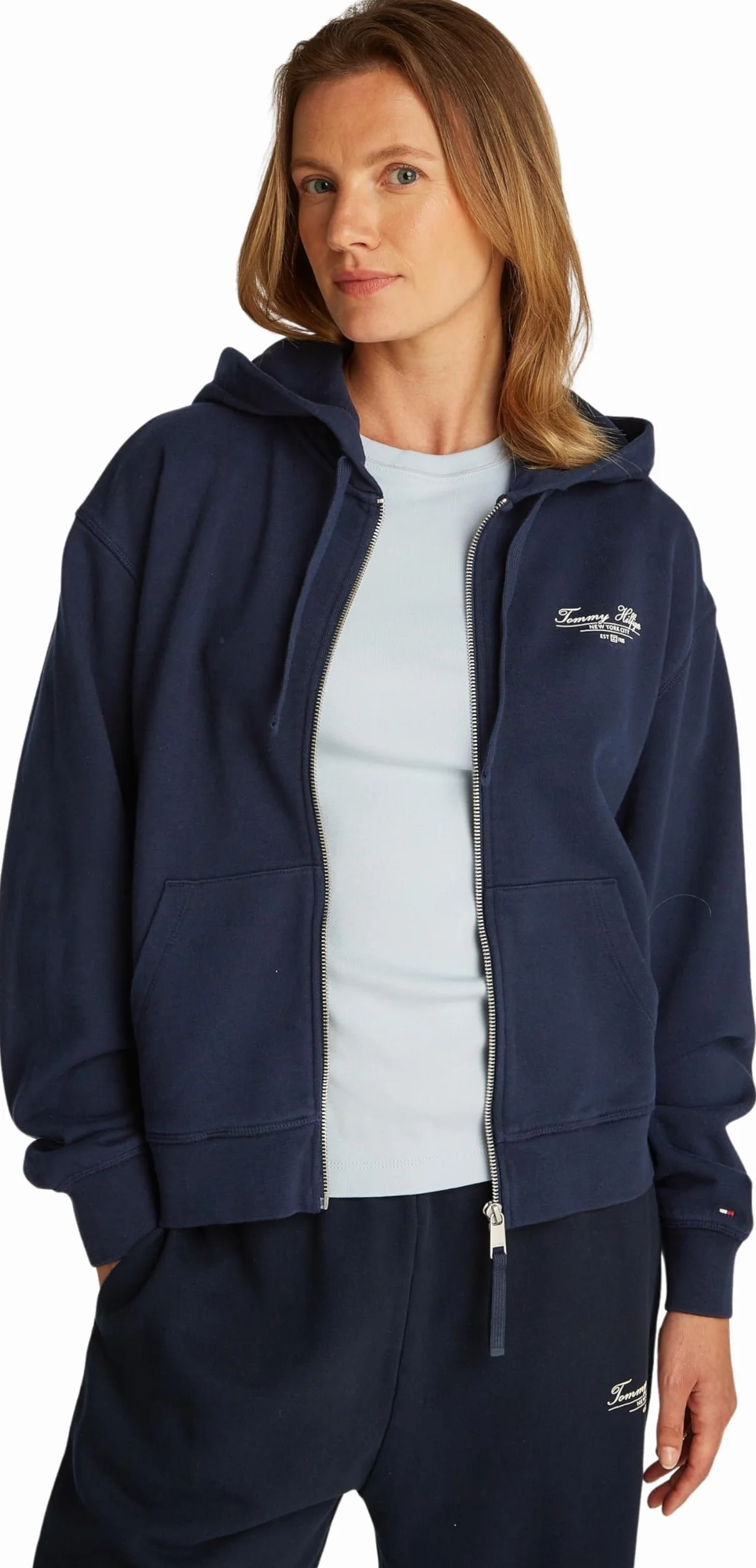 Tommy Hilfiger Damska bluza z kapturem REG Script Zip WW0WW44632, Niebieski (Dark Night Navy), M