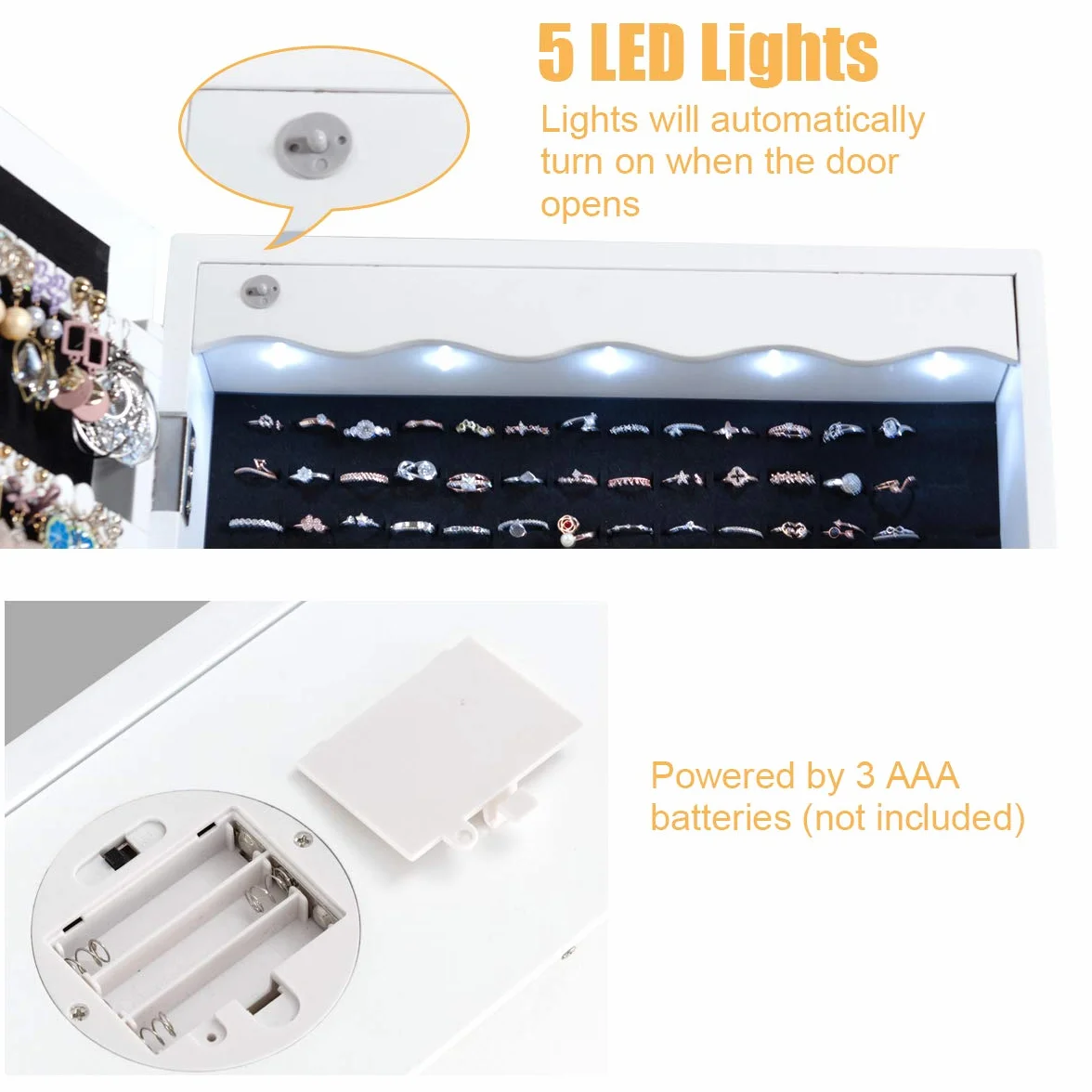 COSTWAY Szafka na biżuterię z oświetleniem LED, 6 szuflad i lustrem, wisząca szafka z sypelem, szafka wisząca do drzwi i montażu na ścianie, zamykana (biała)