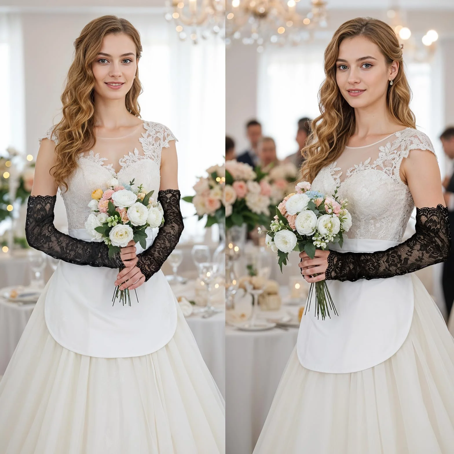 Ouligay Koronkowe rękawiczki długie dla kobiet, eleganckie rękawiczki na przyjęcie herbaciane, koronkowe, czarne, długie, długość do łokcia, kwiatowe, koronkowe, rękawiczki damskie, na lata 20