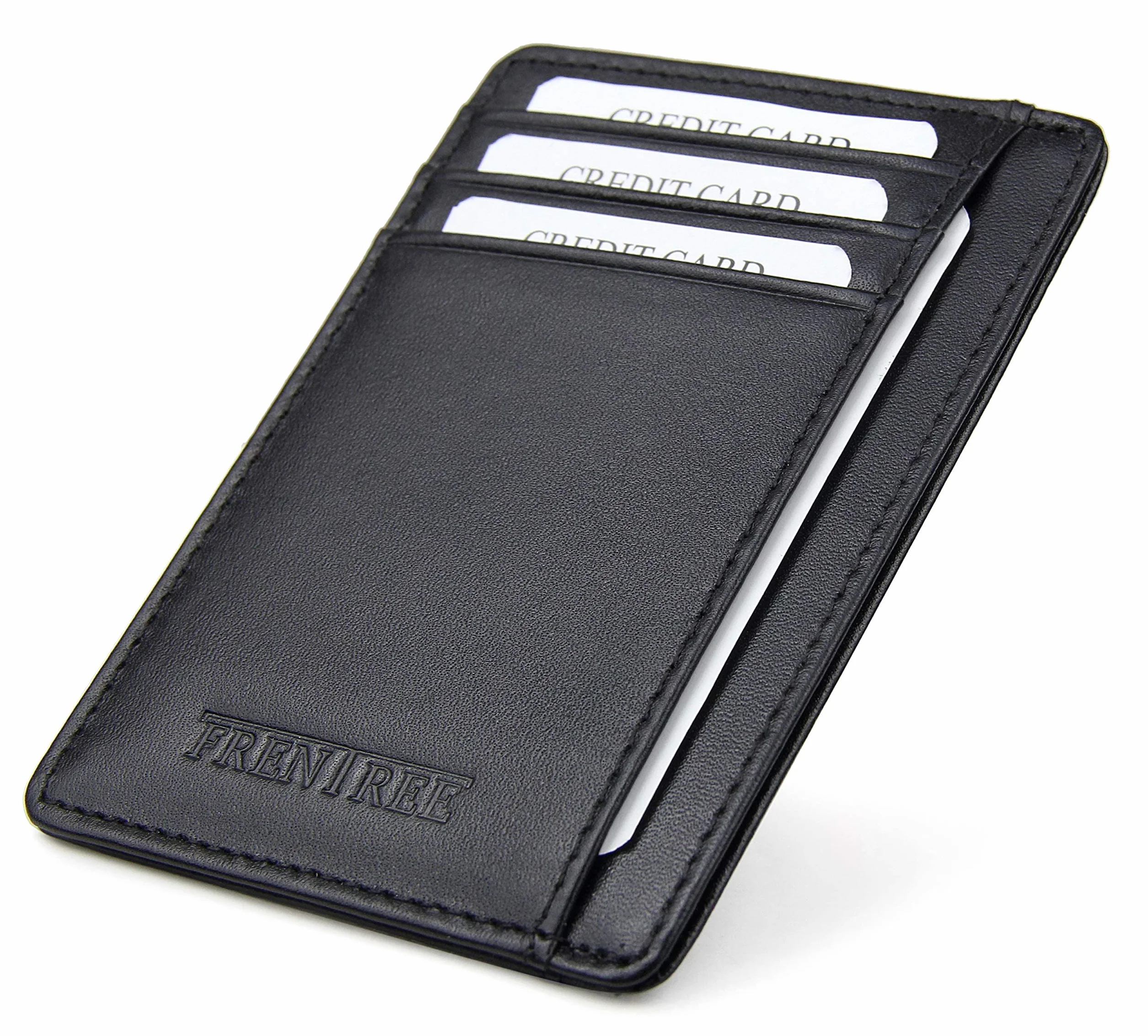 Frentree® Etui na karty ze skóry, bardzo cienkie, z ochroną RFID i okienkiem, minimalistyczna portmonetka na karty płatnicze i banknoty, czarny, Onesize, Minimalistyczny