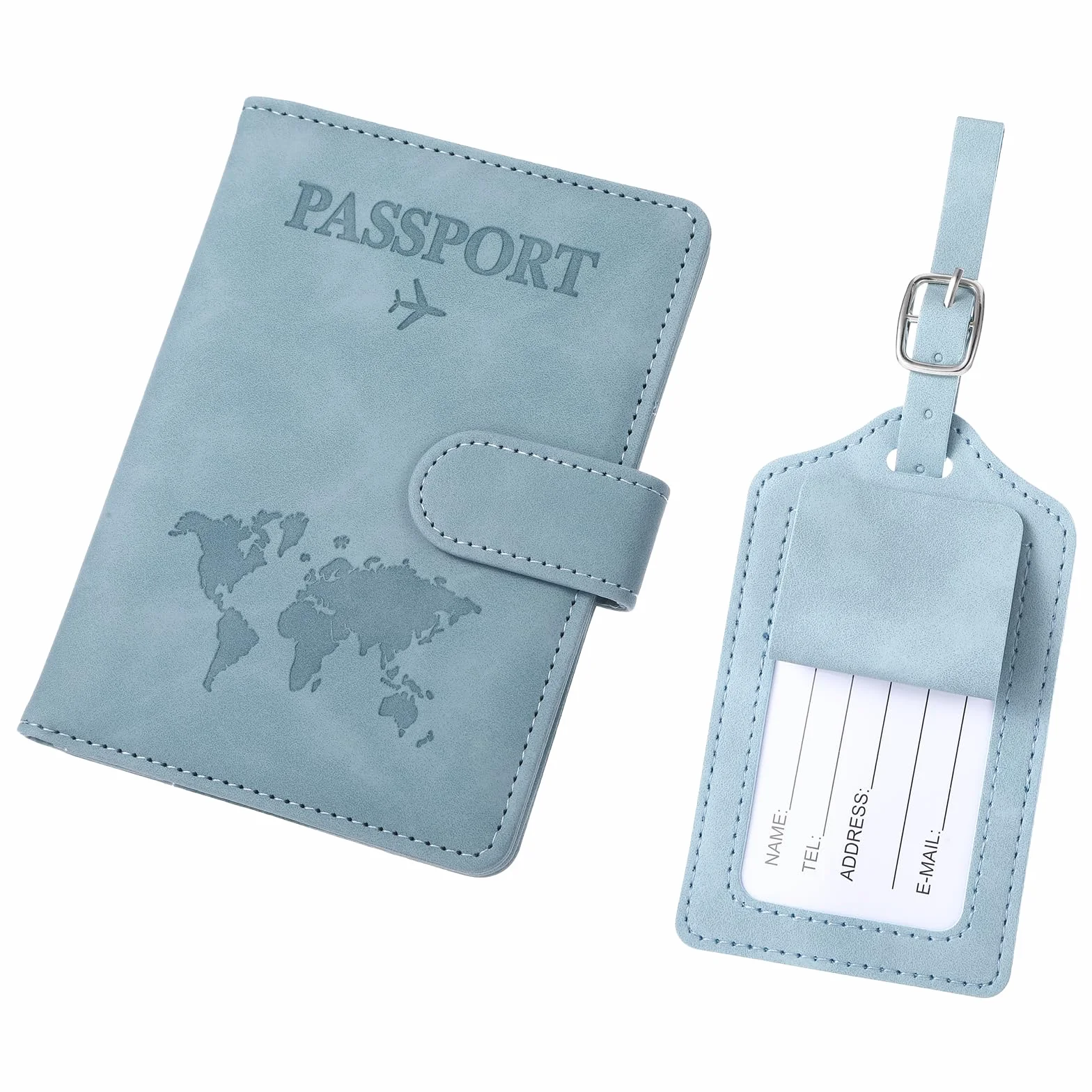 Etui na paszport i zestaw zawieszek do walizki, sztuczna skóra, etui na paszport z blokadą RFID, na paszport, karty kredytowe, dowód osobisty, dokumenty podróżne, gadżet na urlop, niebieski, 15cm