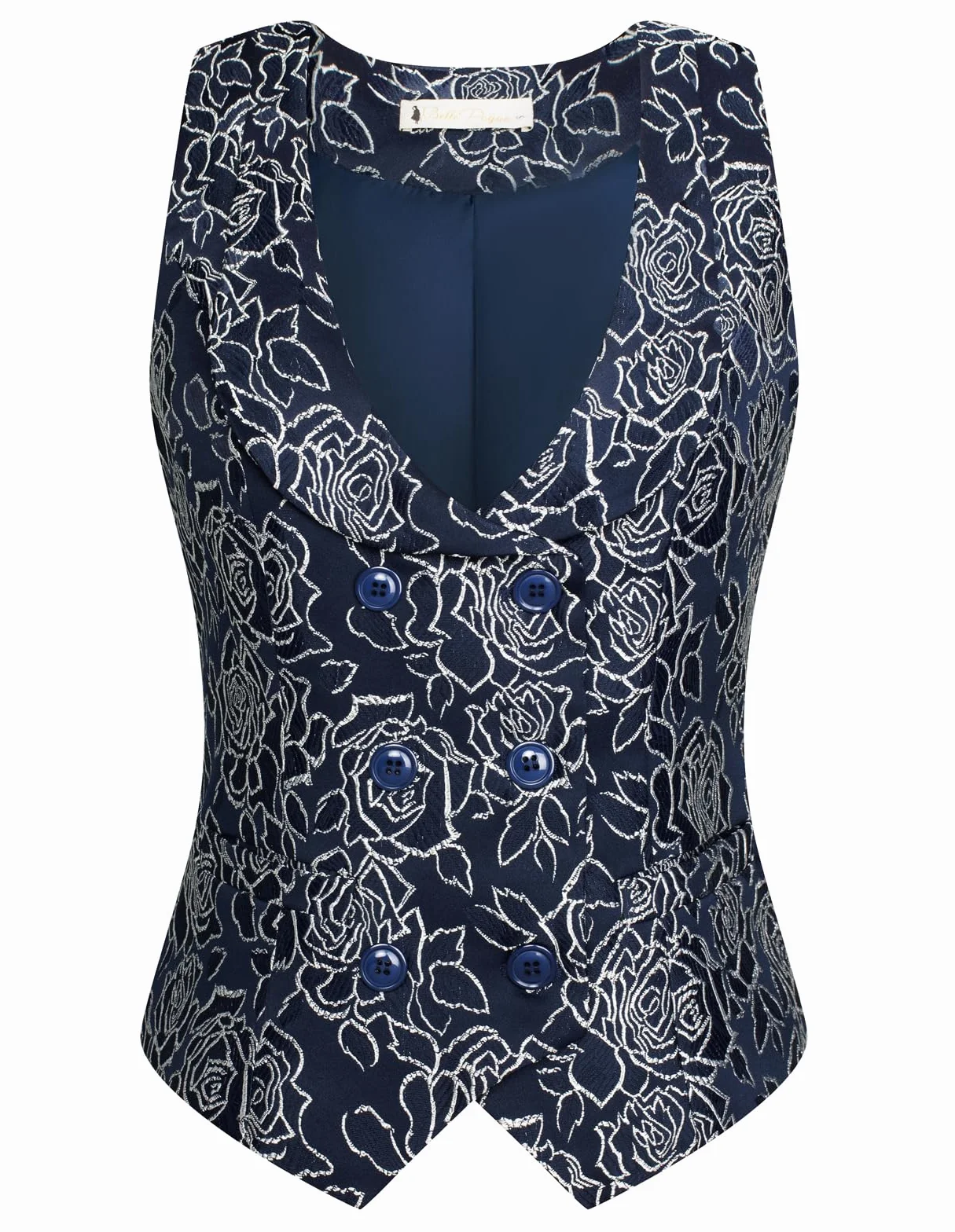 Belle Poque Damska kamizelka dwurzędowa w stylu vintage, głęboki dekolt w serek, poszetka, brzeg, kamizelka, płaszcz z 2 kieszeniami