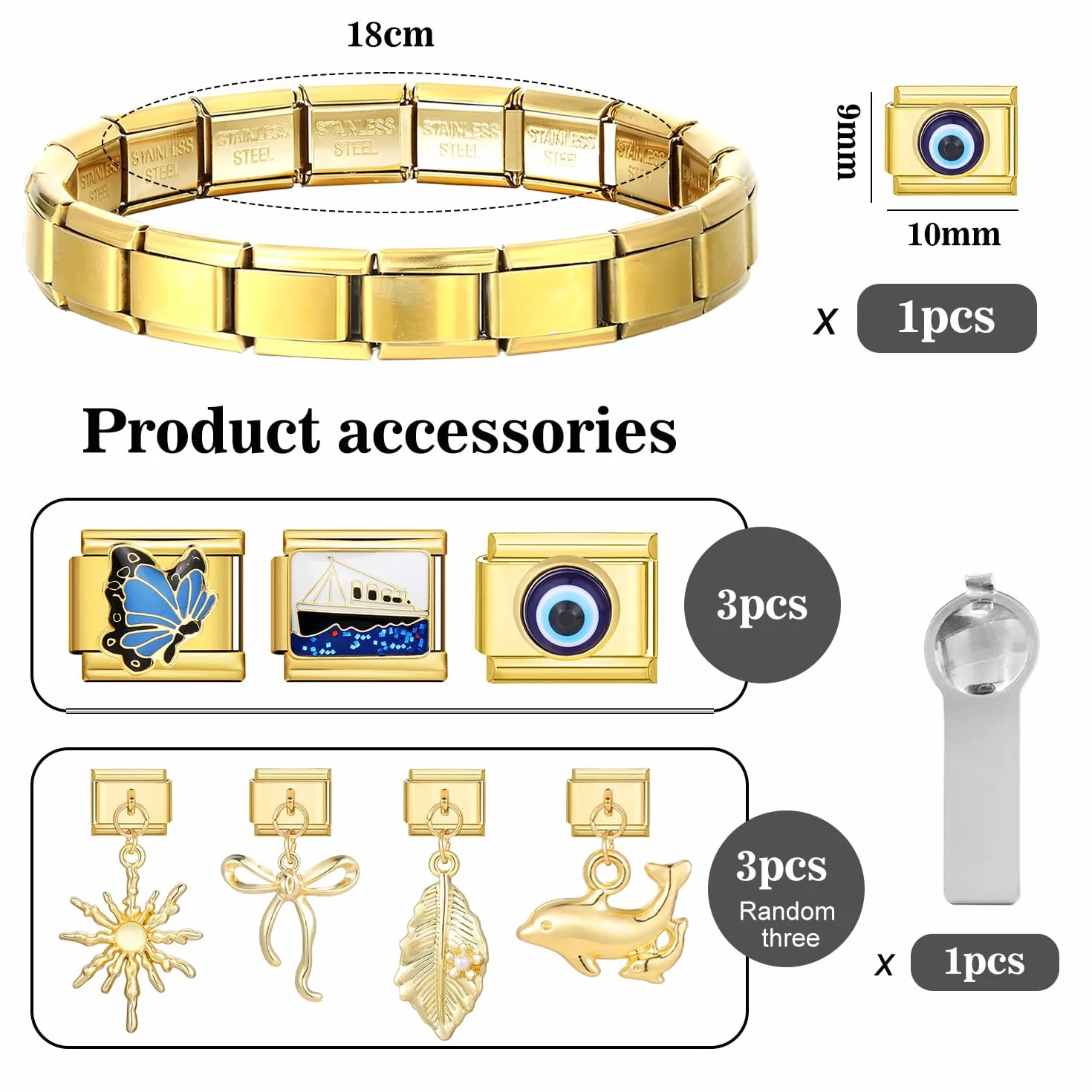 Włoska bransoletka charms, złota, 6 włoskich charmsów, zestaw bransoletek DIY, 9 mm, zdejmowane moduły do włoskich bransoletek, charmsy w stylu włoskim dla kobiet, A Größe, Stal nierdzewna,