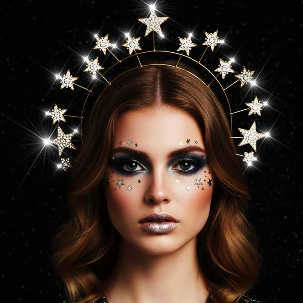 Reaky Star Halo korona, złote nakrycie głowy z gwiazdami ze strasu, korona halo, kryształowa opaska na czoło karnawałowe akcesoria do włosów dla kobiet