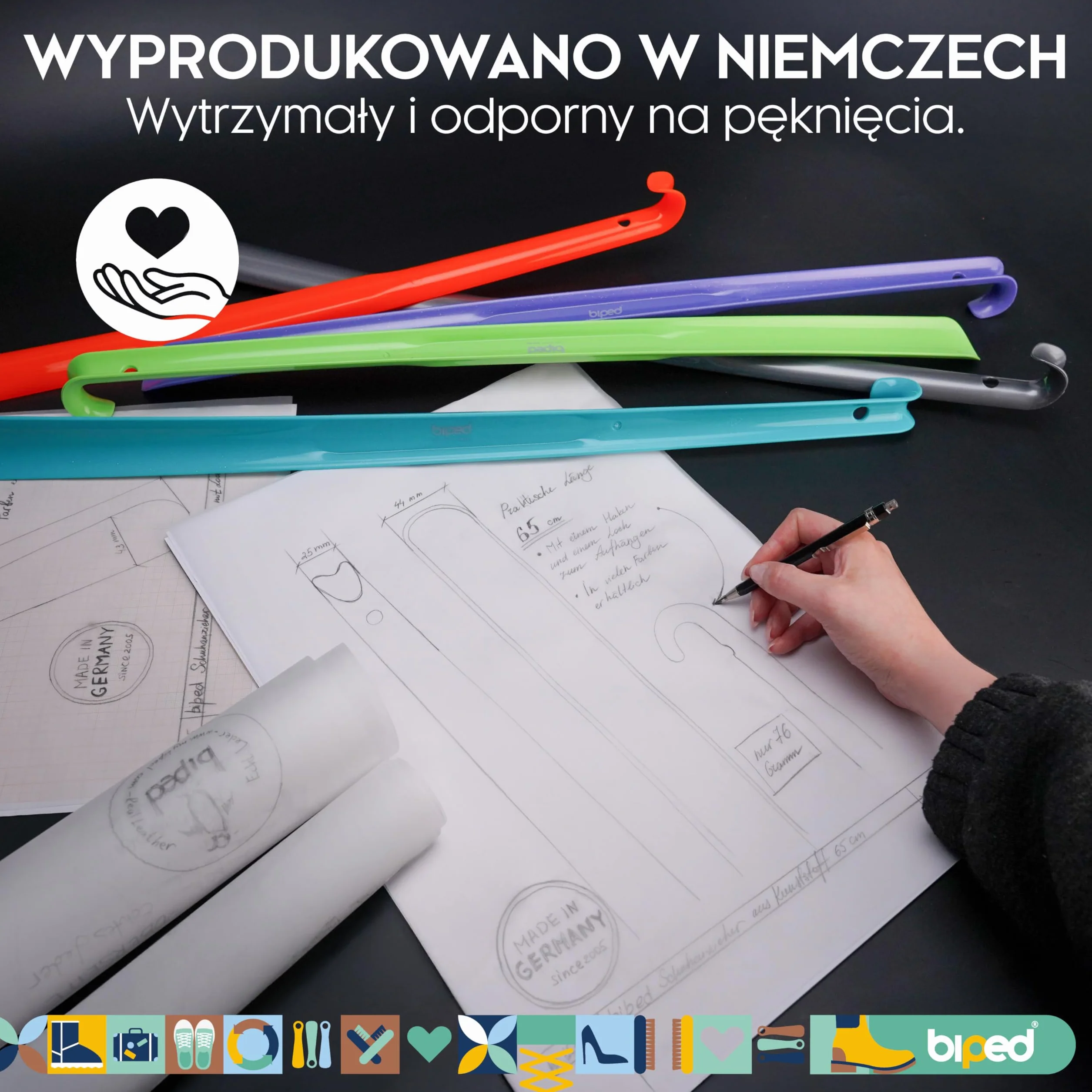 biped zestaw 3 długich łyżek do butów 65 cm plastik – bardzo długa łyżka z haczykiem – solidna i wytrzymała – produkcja niemiecka z1557