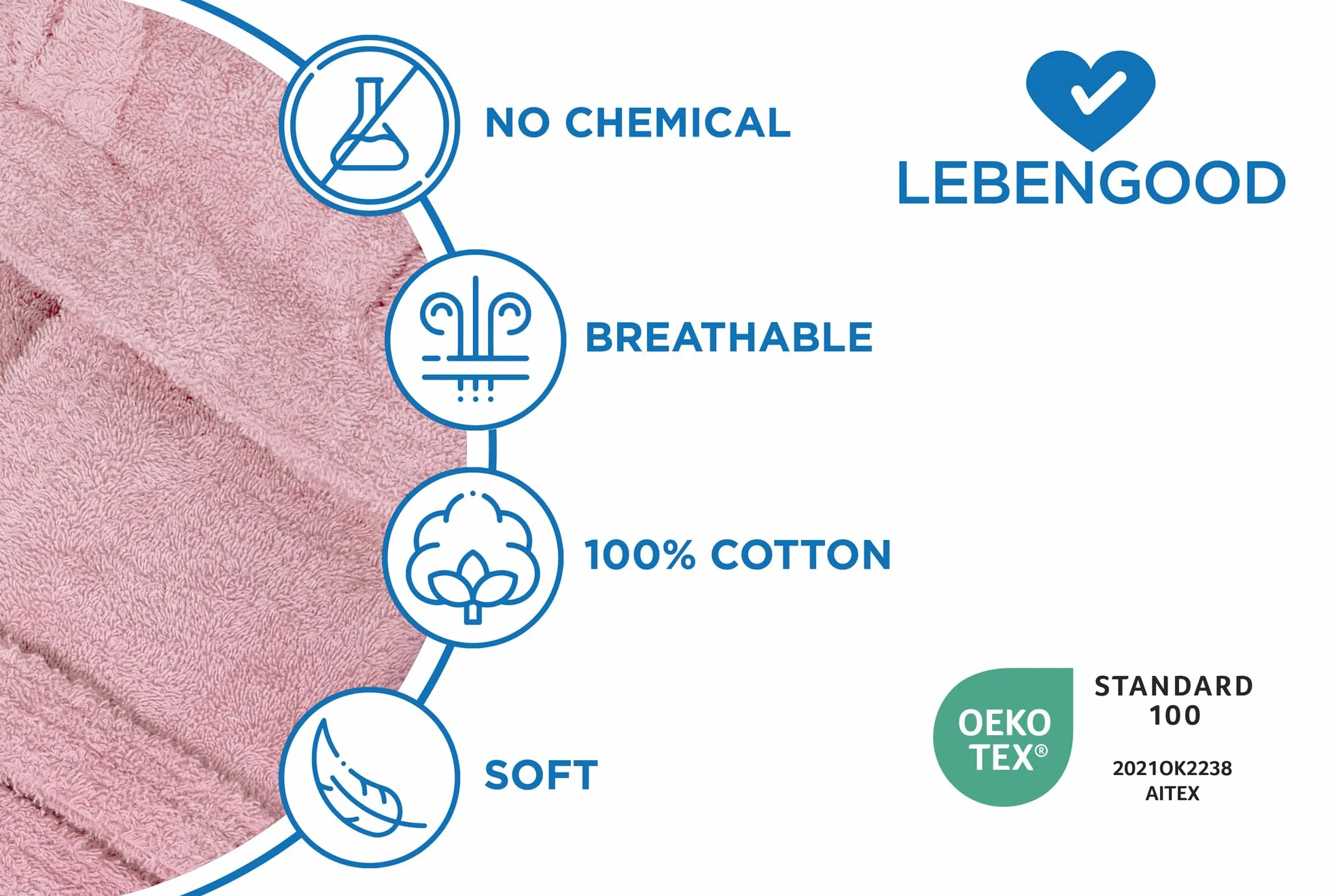LEBENGOOD Szlafrok dziecięcy z uszami - unisex, 100% bawełna OEKO-TEX®, kieszenie, pasek, kaptur