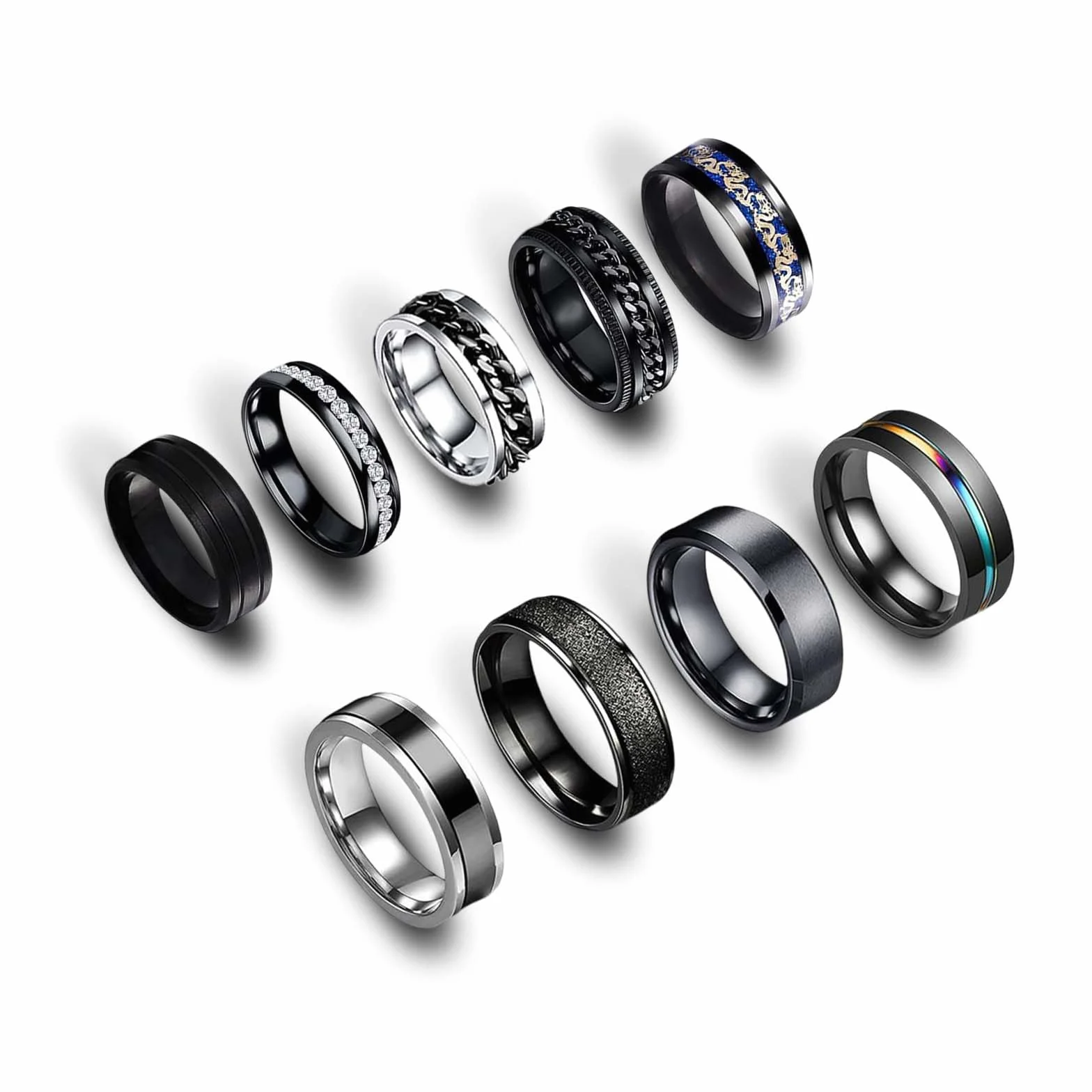 9 sztuk męskich pierścionków, fajny czarny pierścień, bransoletka w kształcie ogniwa, pierścionek fidget ring, zestaw pierścionków spinningowych, obrączki ślubne, czarne pierścionki dla